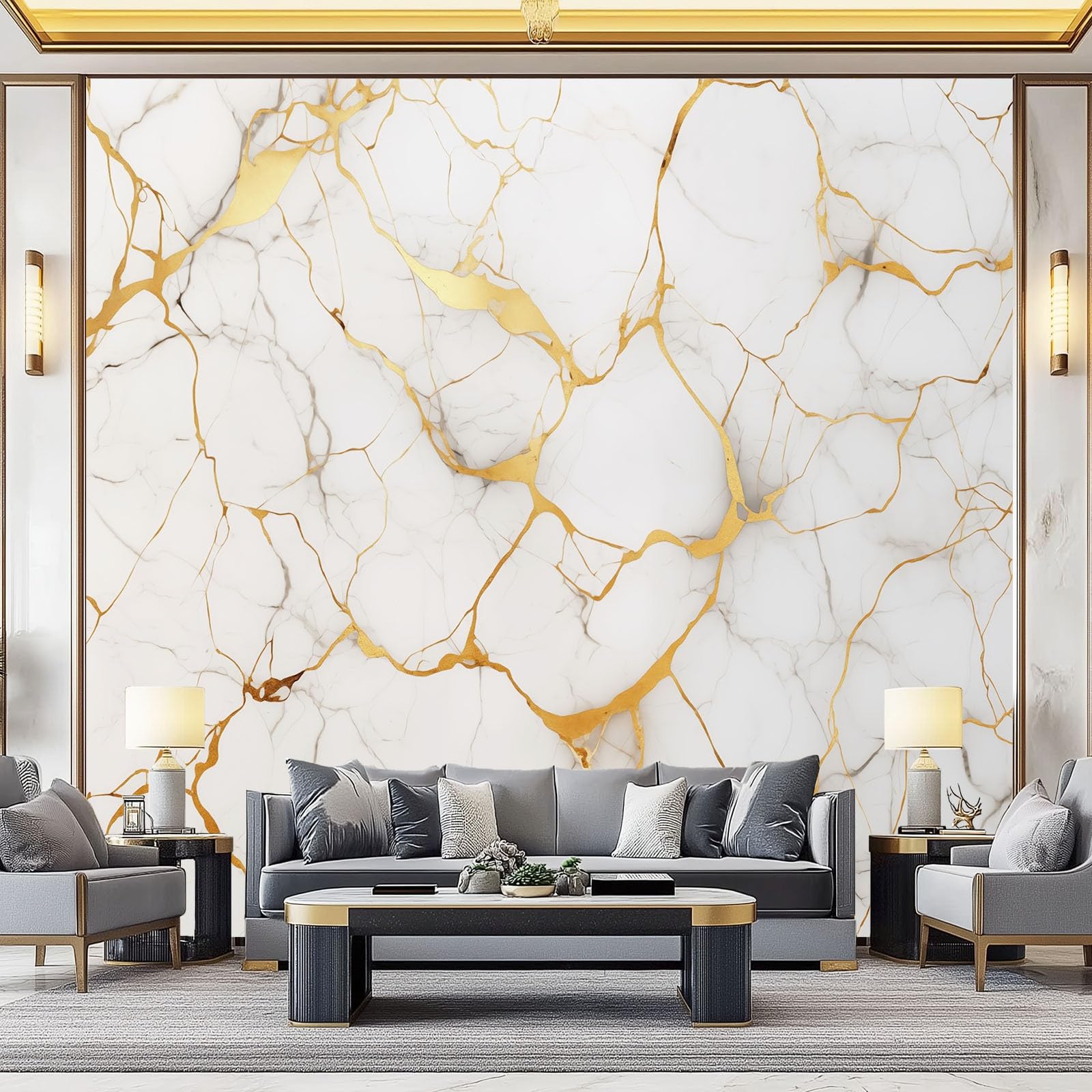 3D Wallpaper 350 x 256 cm (W x H), Simple Lines Marble Texture Art Wall Murals Photo Wall Mural, White Gold Baby Decor Art Mural for Living Room Bedroom Children's Room Home Decoration