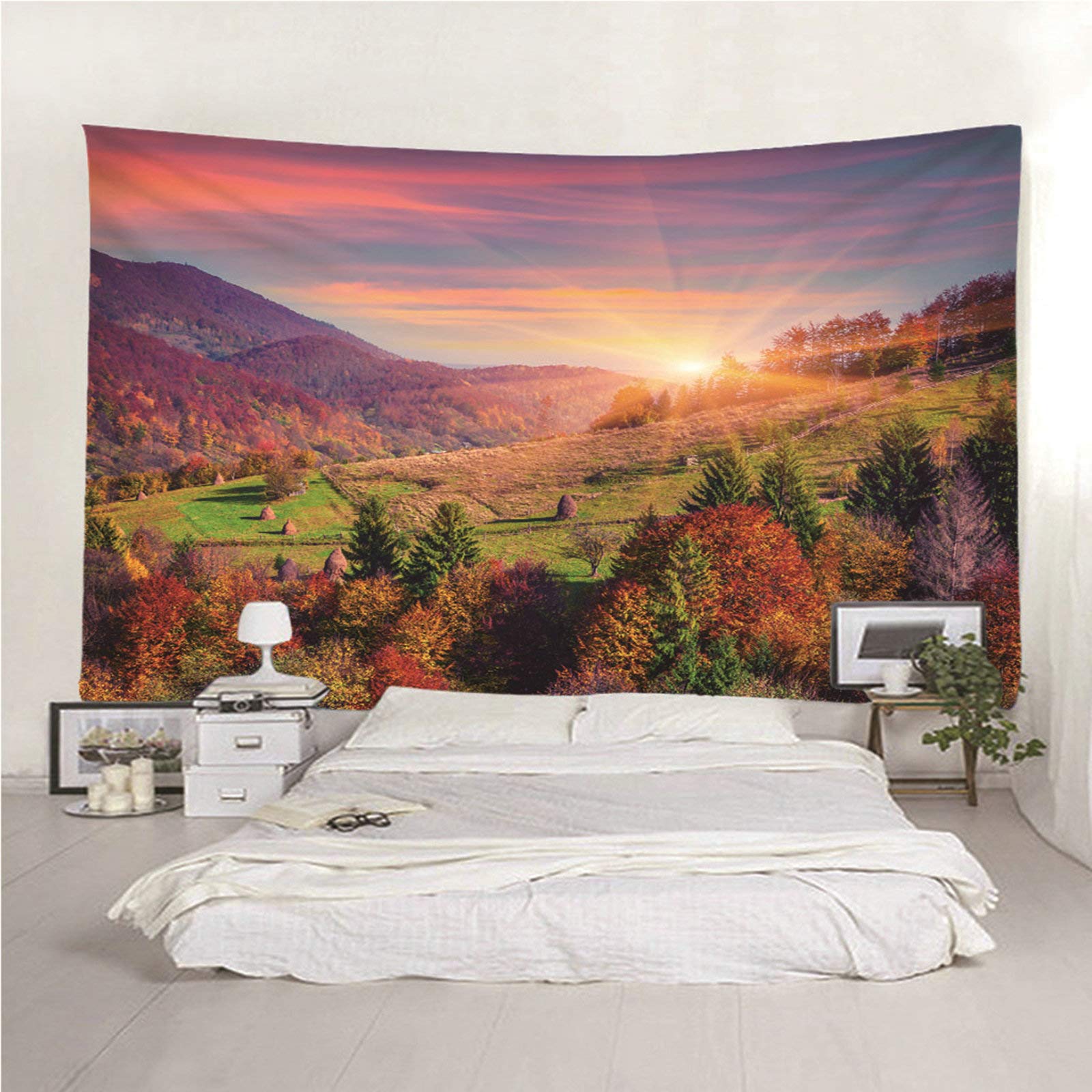 KnSam Dywan na ścianę, gobelin, ozdoba na ścianę, do salonu, dekoracja domu z poliestru, zachód słońca nad lasem górskim kolorowy 350 x 256 cm