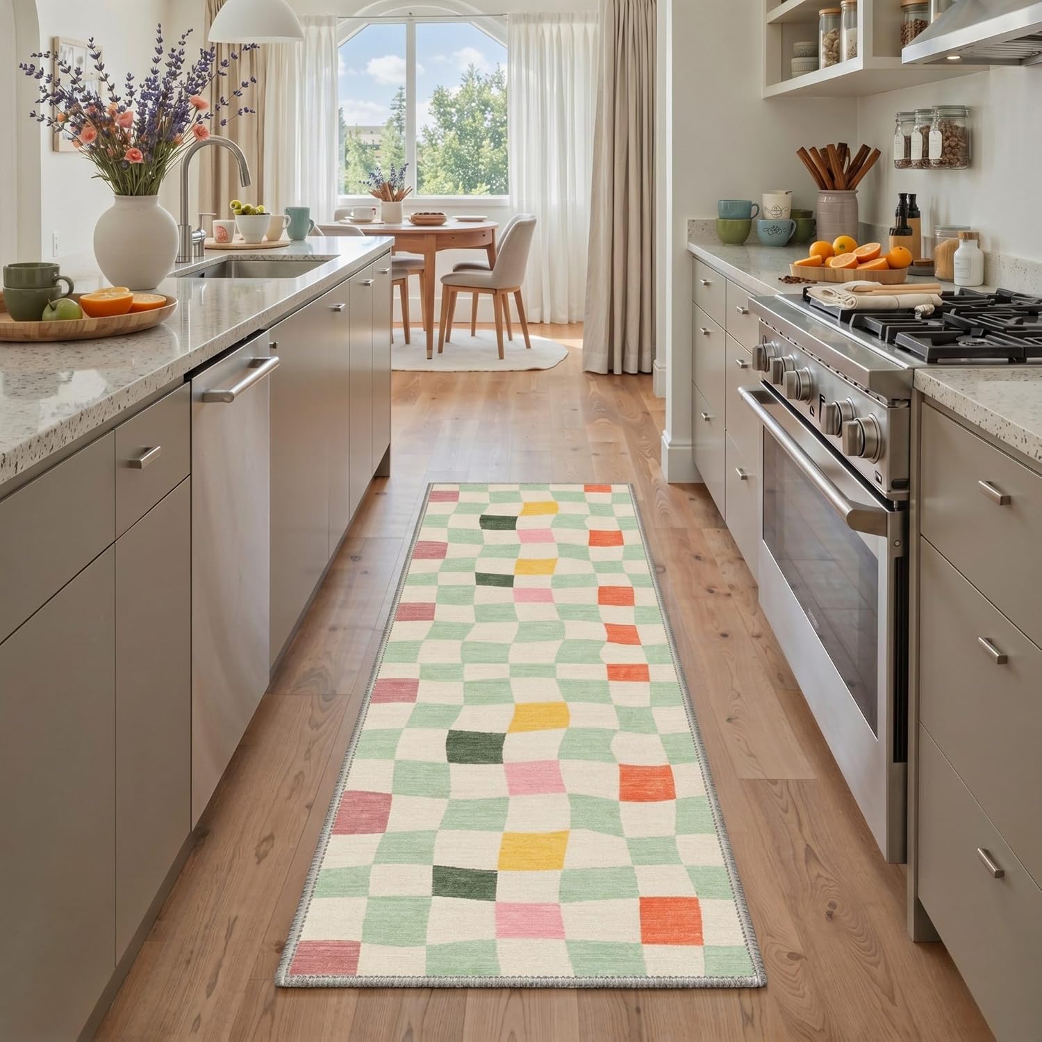 Bavni 5x7 Area Rugs for Living Room Bedroom Dining Room, Machine Washable Non Slip Low Pile Lightweight Print Pattern Rug with Zigzag Border, Dusty Beige