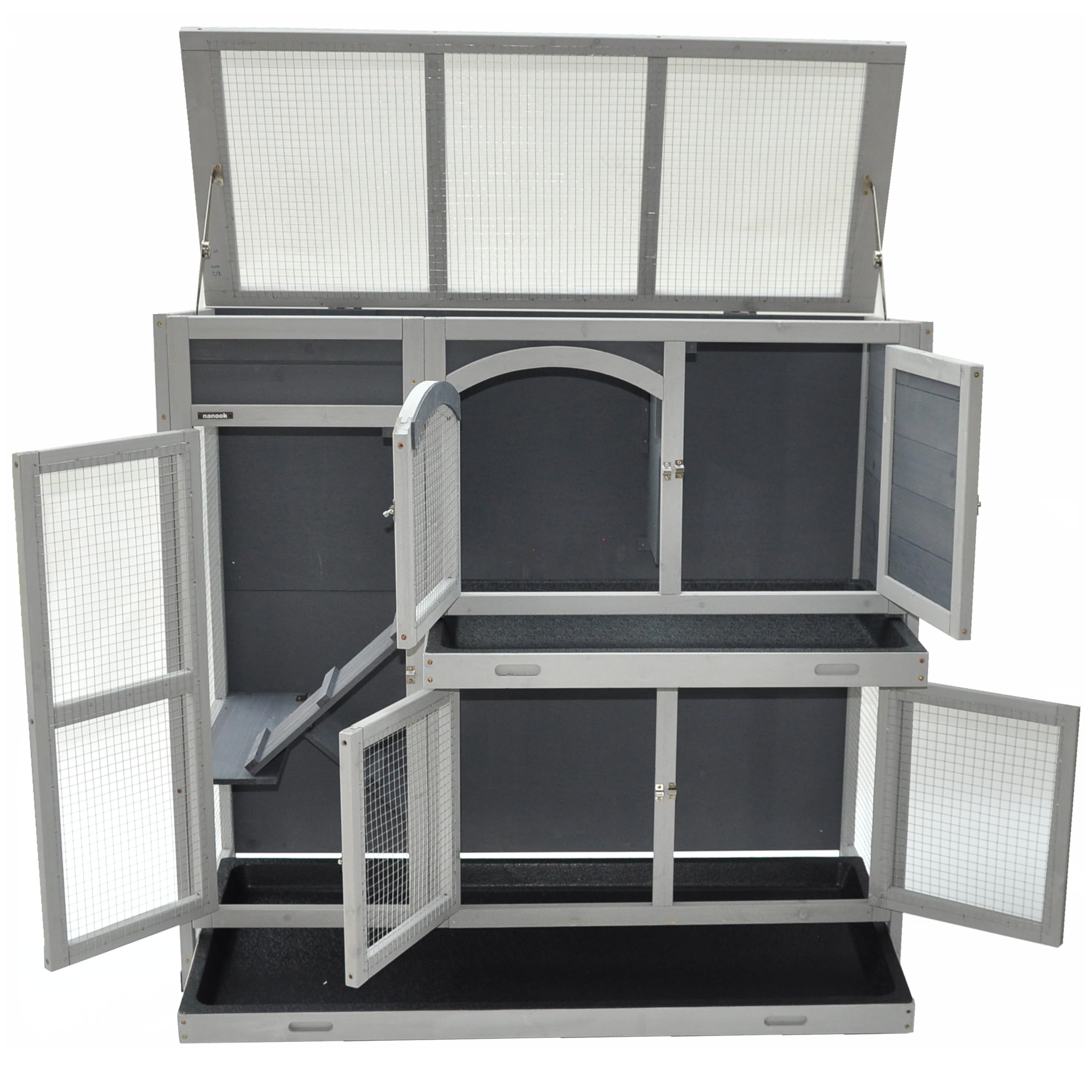 nanook Indoor Kleintierstall Hamster Meerschweinchenstall Zwergkaninchen seitliche Aufgänge für mehr Platz - lasiert - feststellbare Rollfüße - praktische Dachöffnung - 111 x 45 x 107 cm - grau
