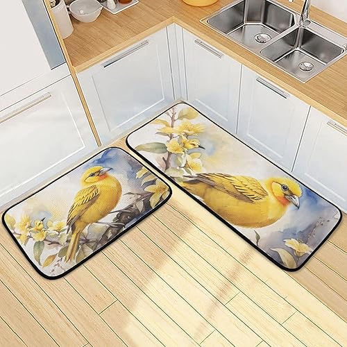 Miniatura 2 de Painting Yellow Bird Kitchen Mat 2 Pcs Set, Low Pile Kitchen Rugs Cushioned Water Absorbent Washable Floor Mats for Kitchen Sink Laundry Room