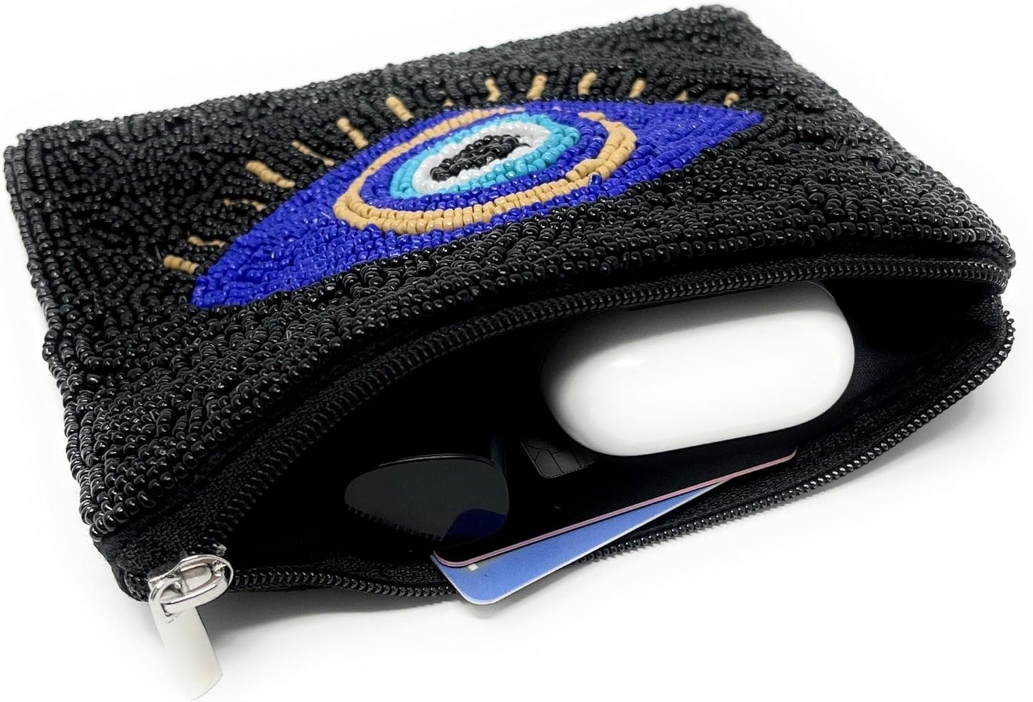TWINE AND LOVE Evil Eye Beaded Pouch Purse, Black Beaded Coin Purse, Coin Pouch Small Wallets Card Holder Bag, Evil Eye Card Case Wallet, Birthday Gift, CP0494 - Image 3