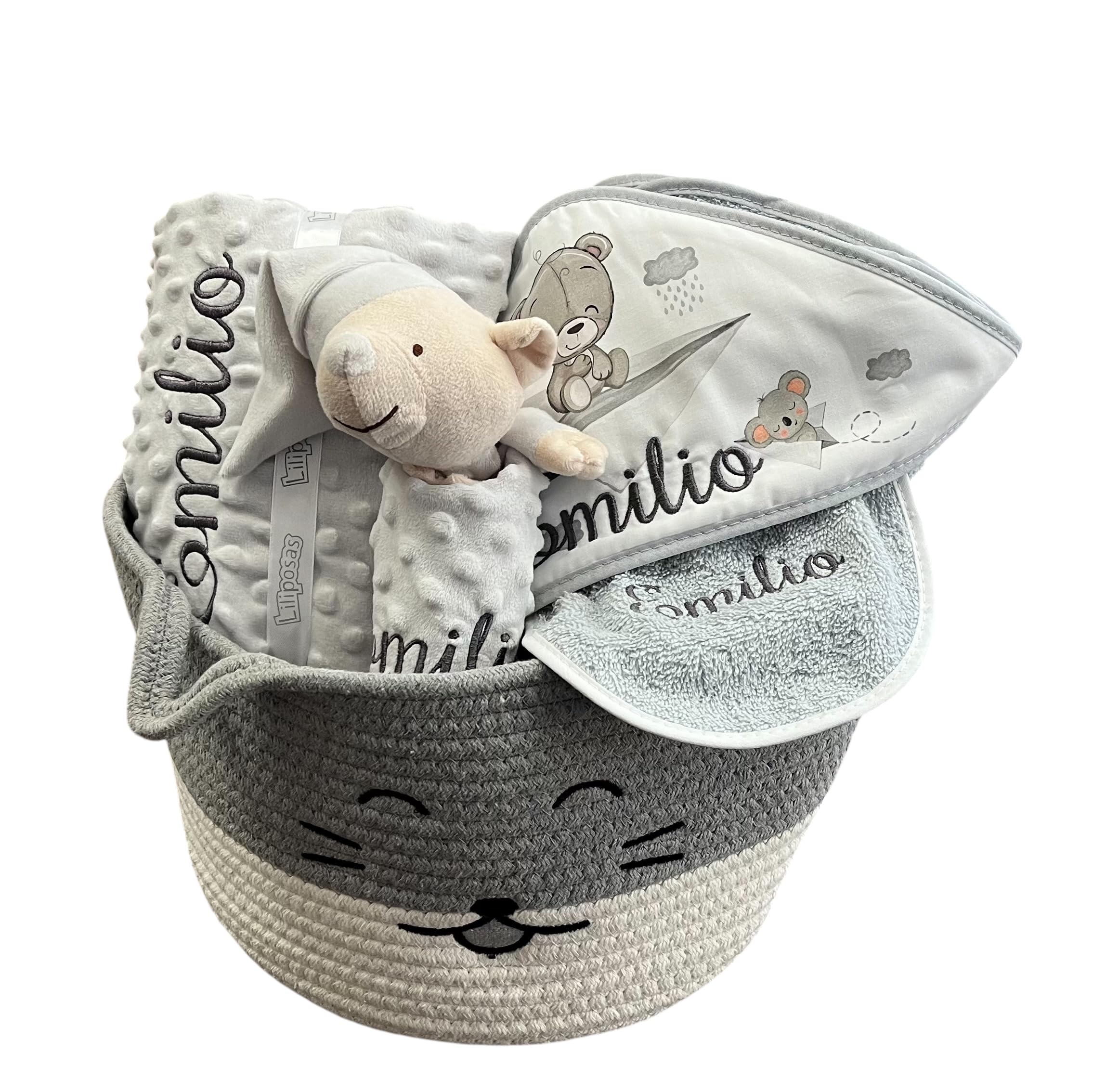 Danielstore Canastilla Bebé Personalizada | Set Regalo para Recién Nacido, 50% algodón 50% poliéster | Incluye manta, dou dou, toalla baño, babero Cat gris