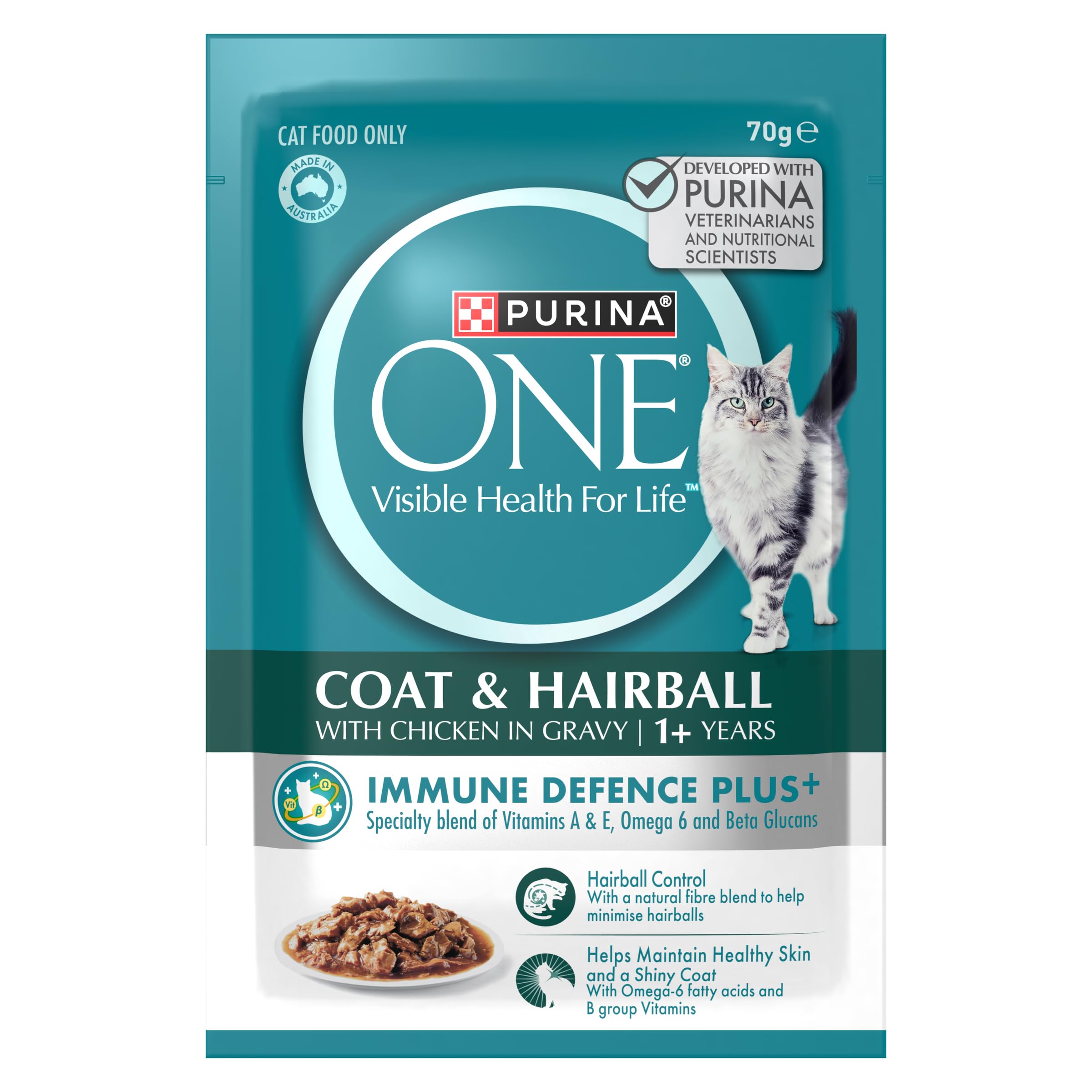 PURINA ONE Adult Wet Cat Food Coat and Hairball with Chicken in Gravy Pouch 12x70g