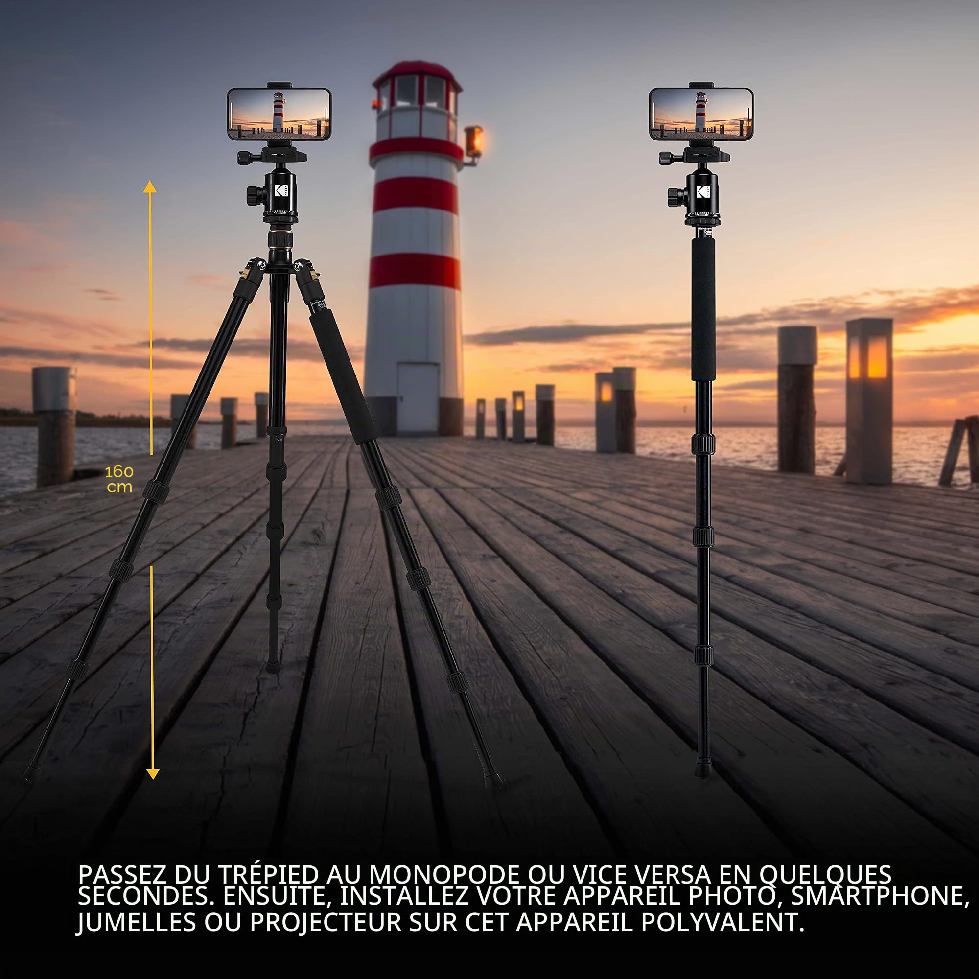 KODAK Trépied et Monopode Photo Gear 63" avec rotule 360° | Support d'appareil Photo Professionnel 2-en-1 Haut de Gamme en Aluminium avec télécommande Bluetooth et Adaptateur pour Smartphone