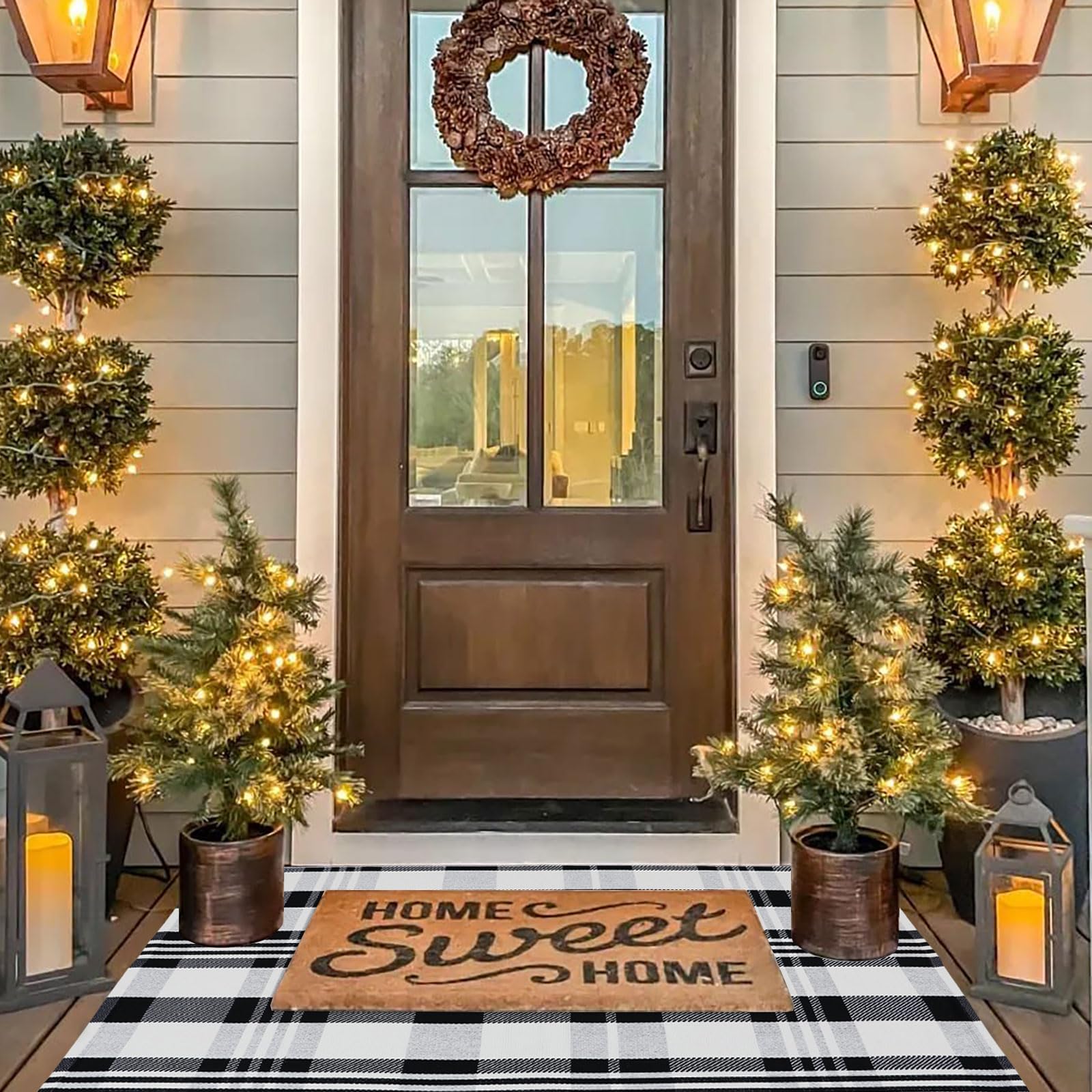 Alfombra de Navidad a cuadros para exteriores, 27.5 x 43 pulgadas, alfombra de área para interiores y exteriores, alfombra de capas para felpudo de saludo/bienvenida, lavable a máquina, alfombra