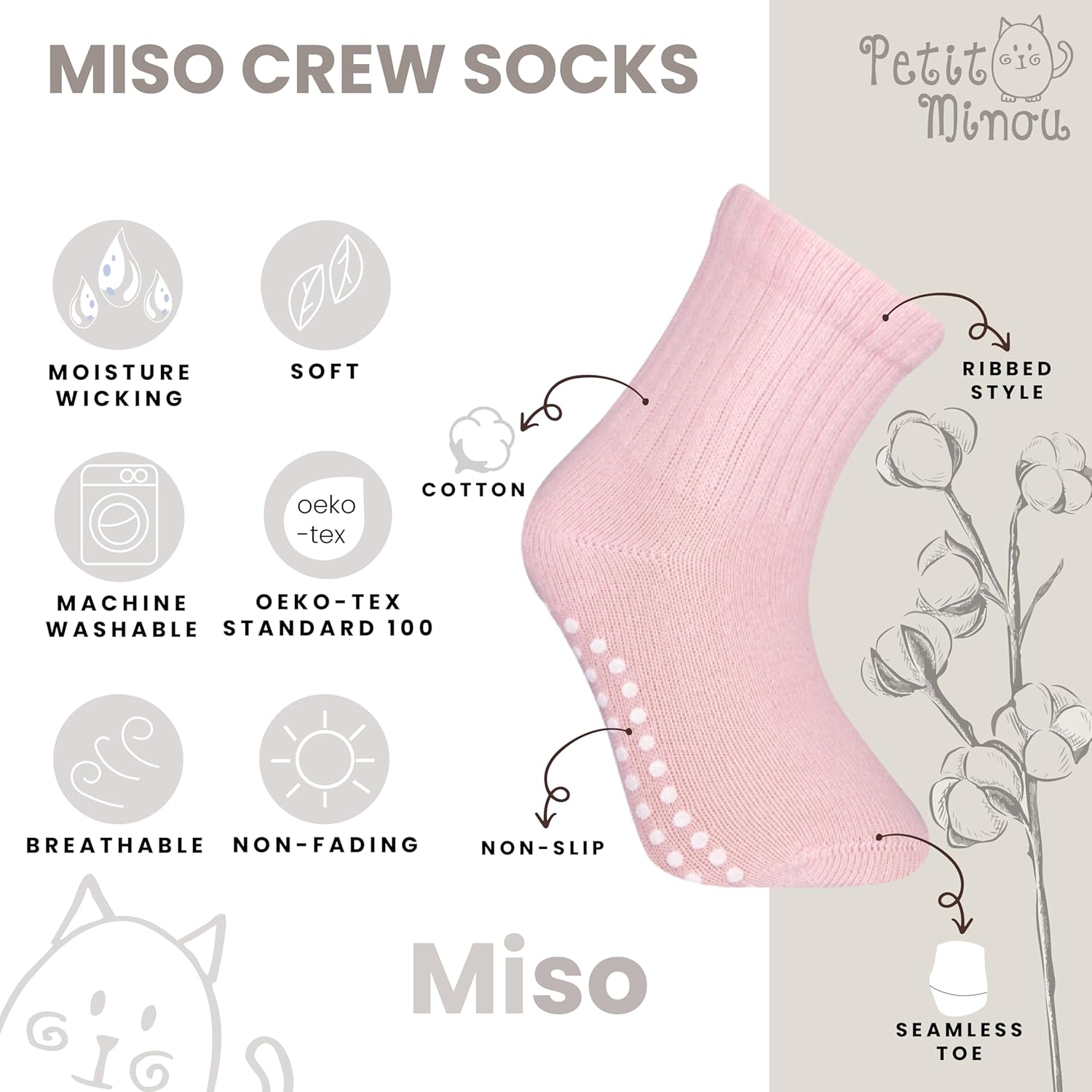 Miso Baby & Toddler Seamless-Toe Turkish Cotton Non-Slip Ankle Crew Socks (6-Pack) - Image 4