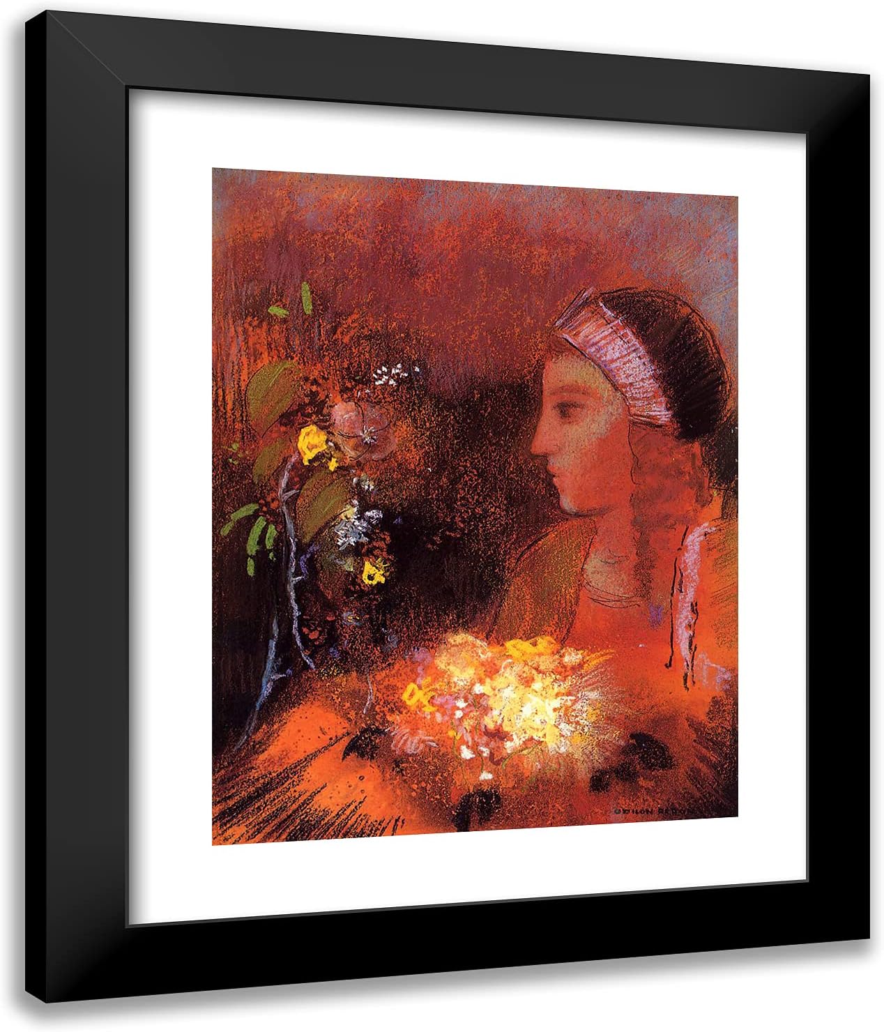 ArtDirect Redon, Odilon 20x24 Gold Ornate Framed Art Print with Double Matting Titled: Woman With Flowers l