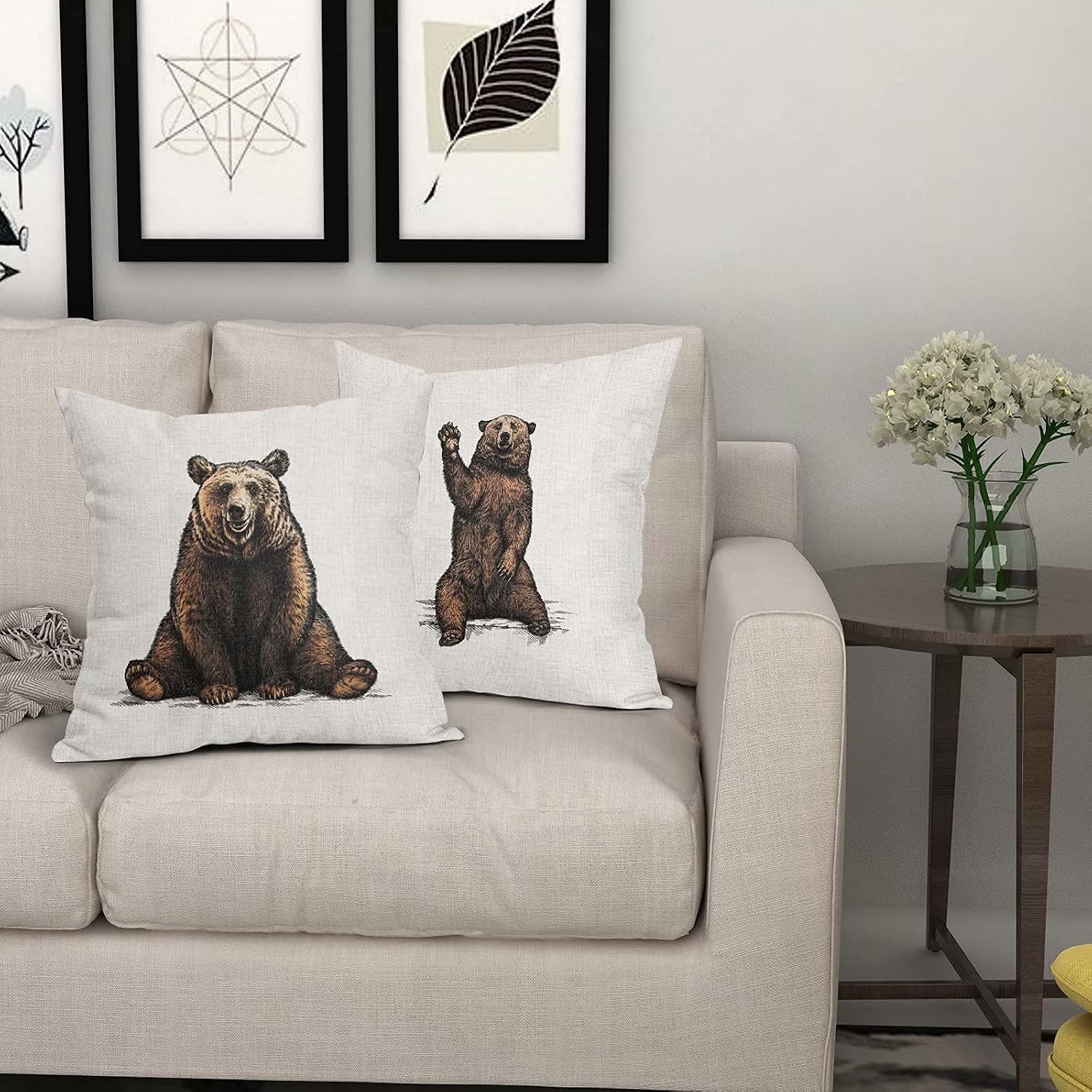 DZGlobal Bear Pillow Covers 18x18 Inch Black Bears Beige Background Linen Throw Pillow Covers Forest Wildlife Animal Decorative Pillow Cases Both Sides for Women Men Sofa Bedroom Living Room Patio