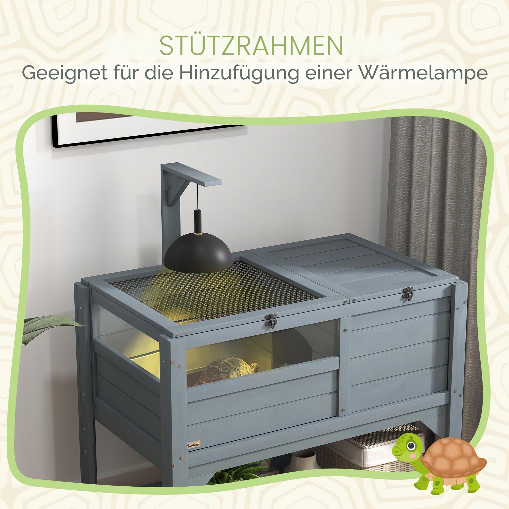 PawHut Haus Schildkrötengehege auf Füßen mit Aufbewahrungsregal - Tannenholz - innen und außen - ABM. 103H x 84L x 51l cm