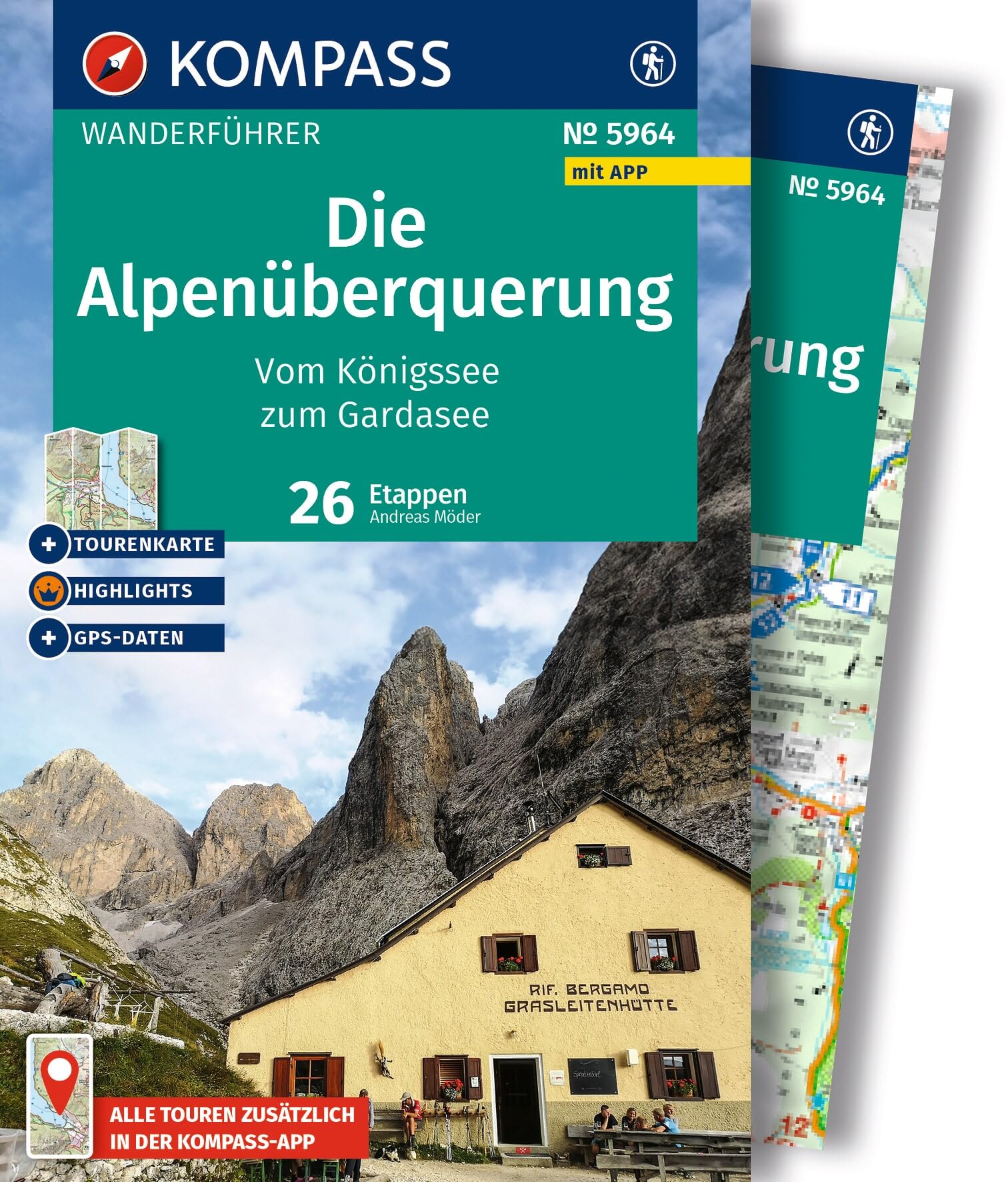 KOMPASS Wanderführer Die Alpenüberquerung vom Königssee zum Gardasee, 26 Etappen mit Extra-Tourenkarte: mit Touren und GPS-Daten in der KOMPASS-App