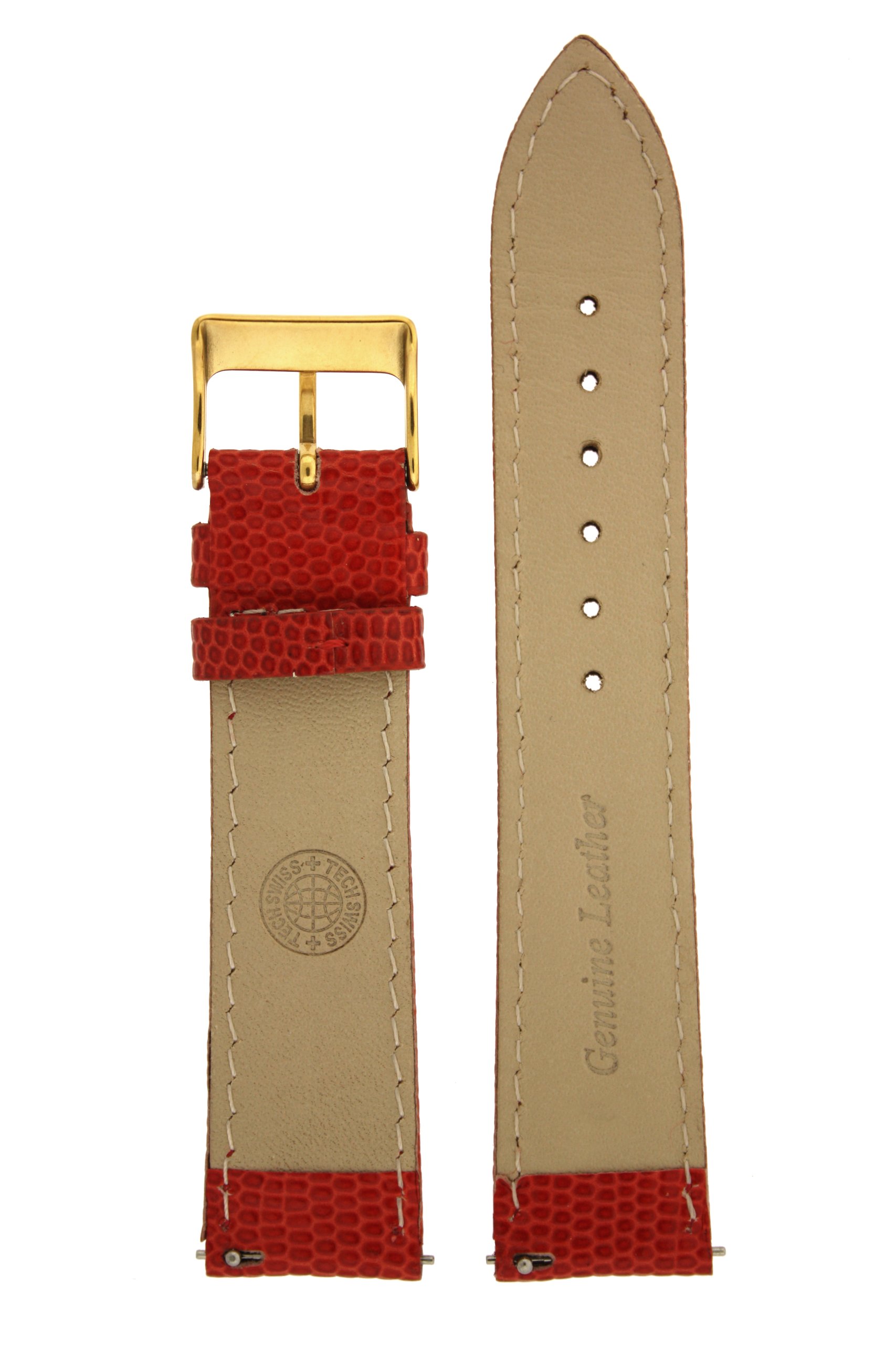 Tech Swiss 12mm Watch Band Genuine Leather Lizard Grain Red Quick Release Built-in Pins Gold-Tone Buckle