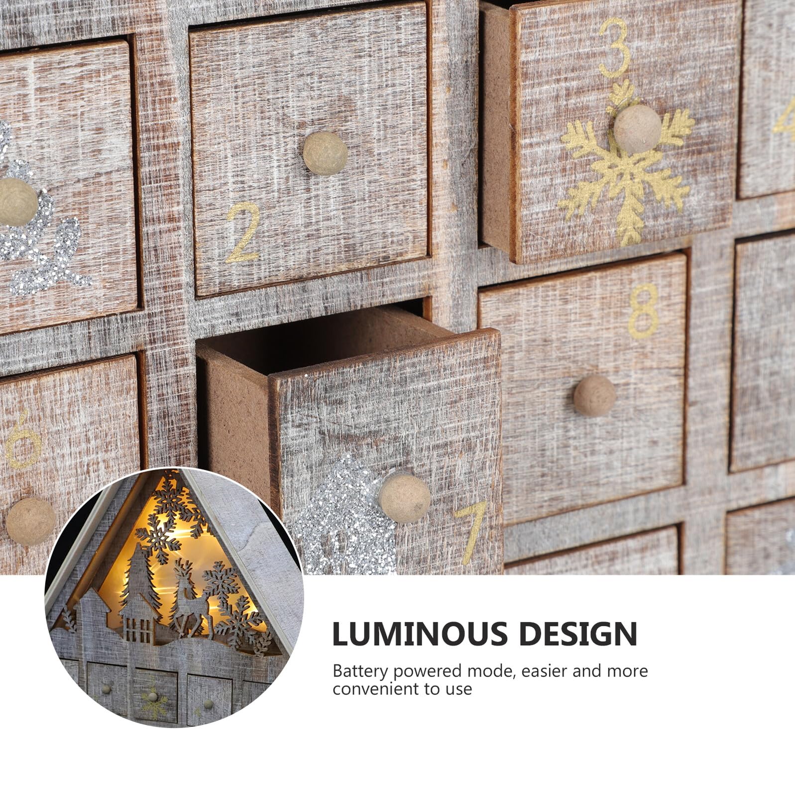 Holz Adventskalender mit Schubladen Leuchtendes Weihnachtsdeko Ornament für Kleiner Desktop Schmuck für Festliche Überraschungen