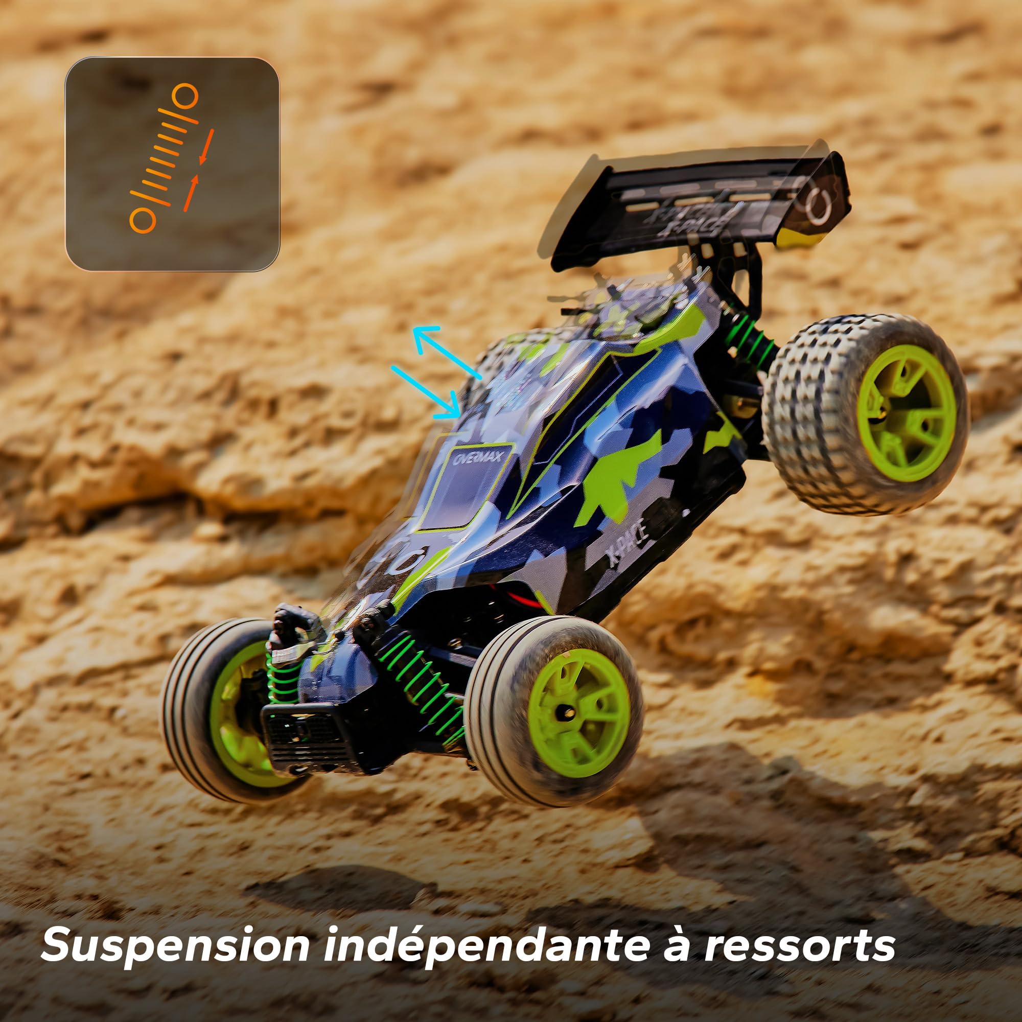 Overmax X-Pace Voiture télécommandée RC Car Vitesse de 45 kmh 4x4 motrices portée de 100 mètres Suspension à Ressort indépendante éclairage LED Grande Taille, Noir-Jaune