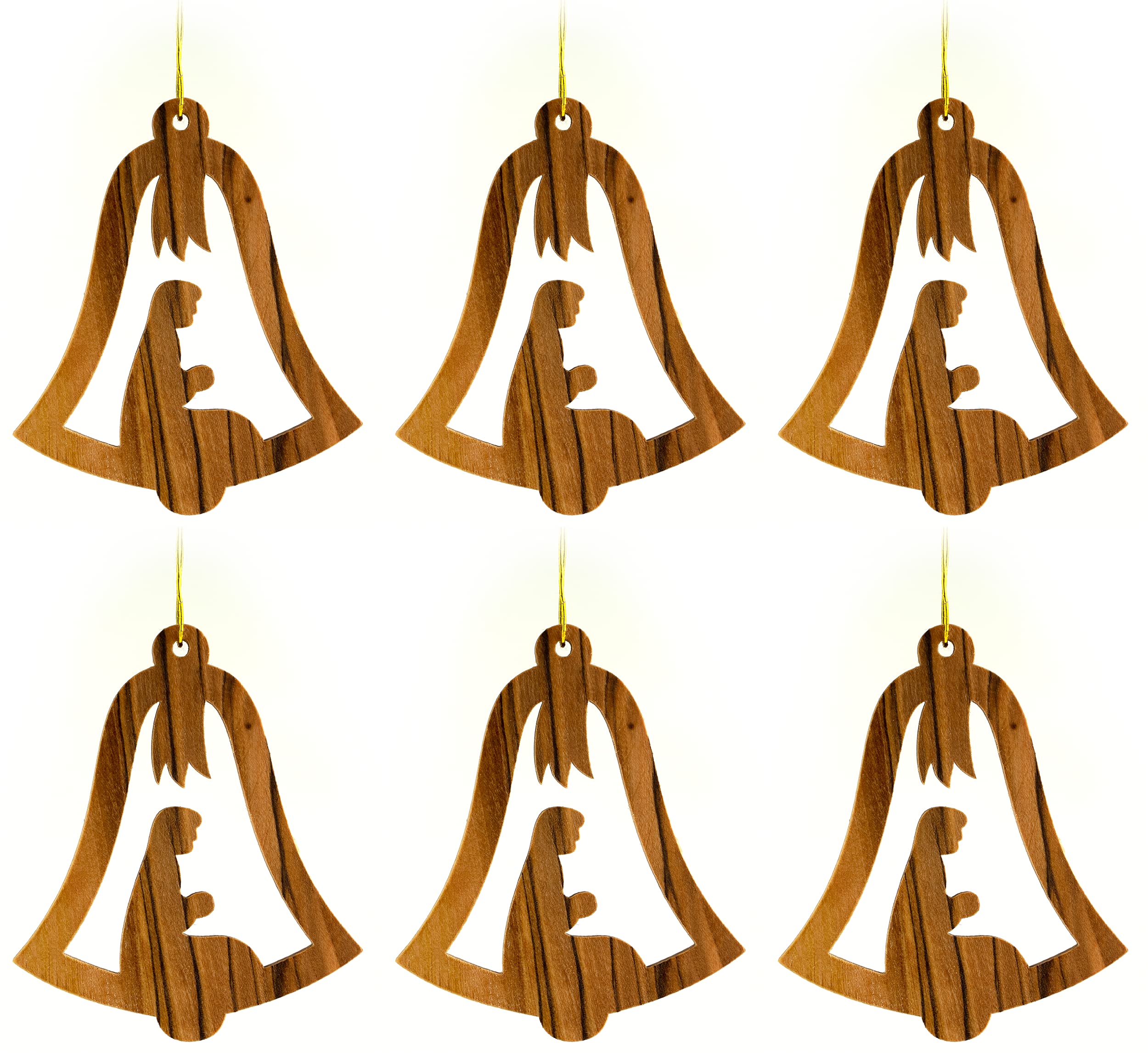 Nativity Bell, Bulk Pack of 6 Holy Land Olive Wood Christmas Ornaments from Israel, Wooden Hanging Decorations for Christmas Tree, Made in Bethlehem
