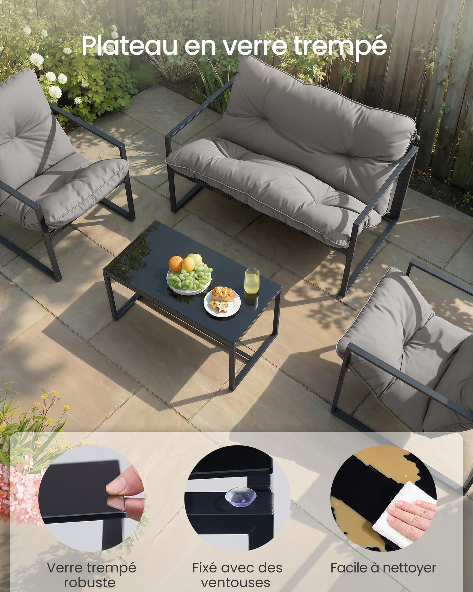 SONGMICS Salon de Jardin Extérieur 4 Pièces, Meuble de Jardin, 2 Fauteuils, 1 Table, 1 Banquette, Acier, Coussins Rembourrés, pour Terrasse, Balcon, Gris GGF040GZ01