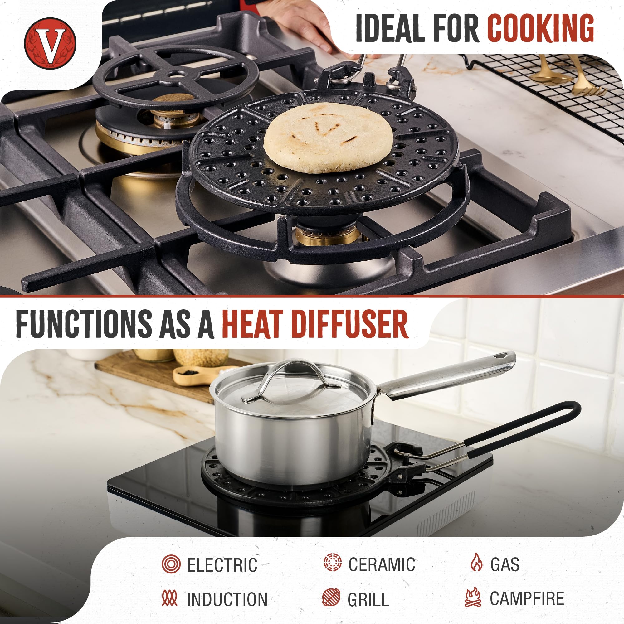 Victoria Parrilla para Arepas de Hierro Fundido Esmaltado, 20 cm, Antiadherente Natural, Arepera Libre PTFE Y PFOA, Asador Difusor de Calor Apto para Inducción, Vitrocerámica, Gas, Horno, Barbacoa