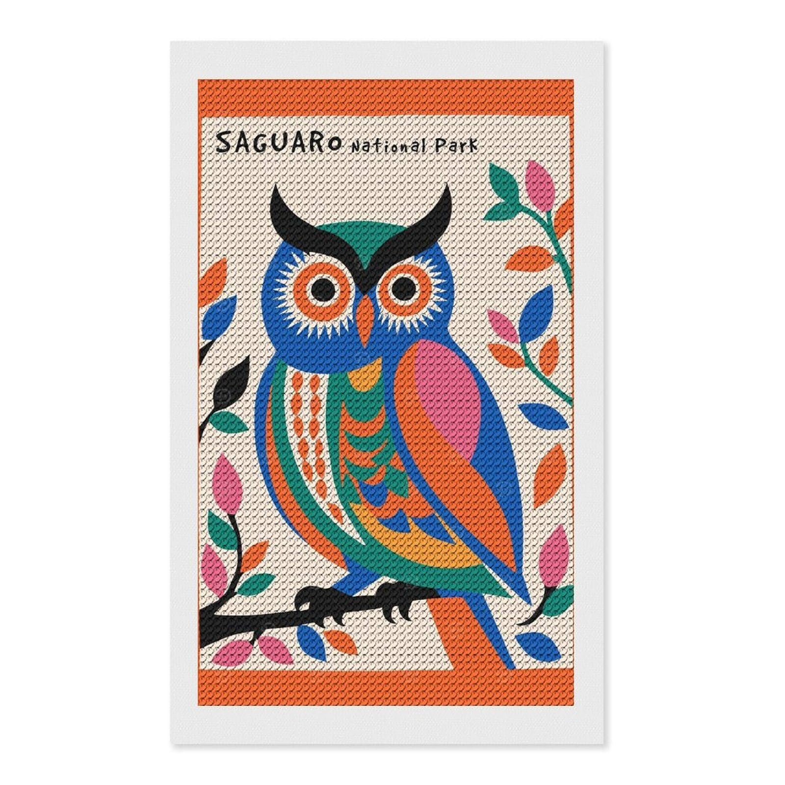 Junmoney Saguaro National Park Owl Diamond Art Kit 12"x20", Holiday Gift Idea, for Women, Easy Handmade Project, Vintage Style Decor, Printed Canvas