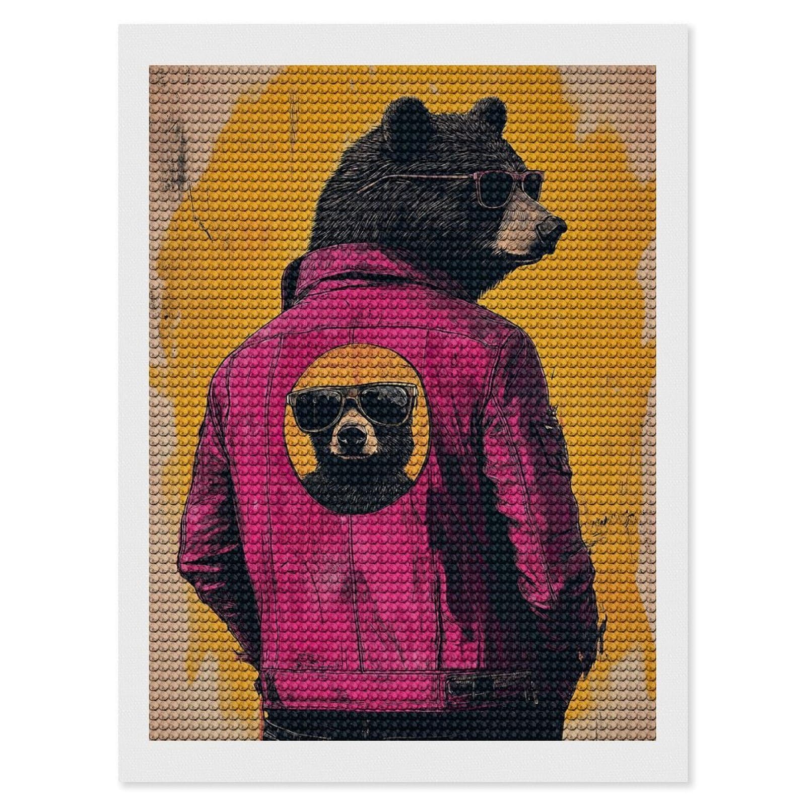 Junmoney Cool Bear in Sunglasses Diamond Painting Canvas Set 12"x16", for Beginners, Complete Accessories, Christmas Gift, Modern Decor