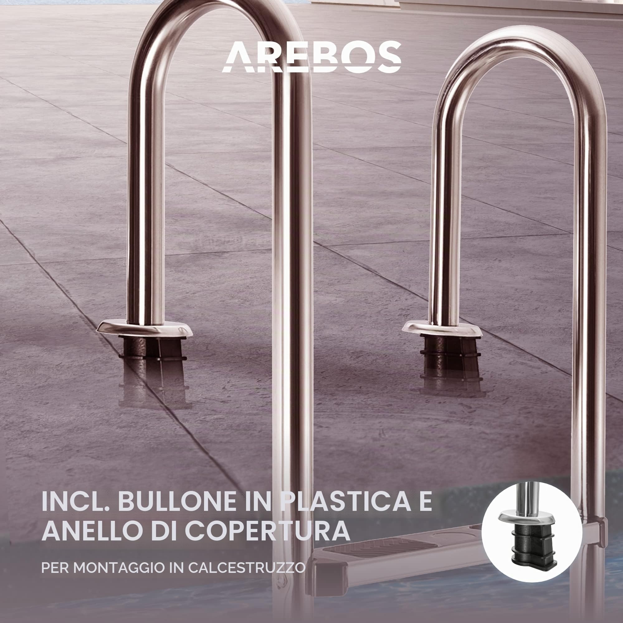 Arebos Scaletta in acciaio inox a 3 o 4 gradini | con cuscinetti antiscivolo sui pioli | 3 livelli