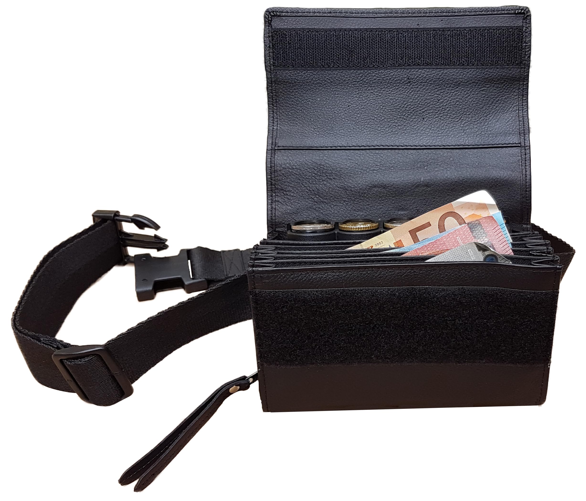 Riñonera de Camarero en Piel auténtico, Monedero de Camarero, Cartera, Bolsa, Billetero Incluido Dispensador/Distribuidor/Clasificador de 5 Monedas de Euro (FERMETURE Scratch)