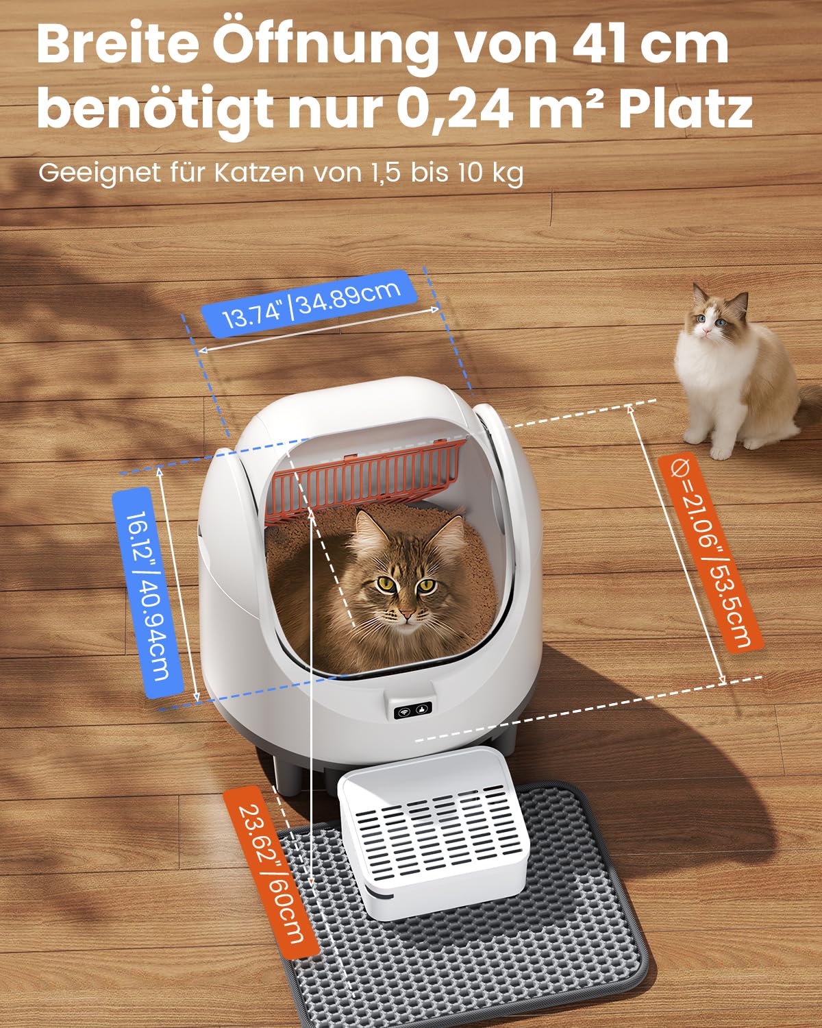 Offenes, Katzenklo Selbstreinigend für große Katzen (10 kg), XL Automatische Katzentoilette, 2 Rollen Müllbeutel, Geruchskontrolle, 10 Sicherheitssensoren, leise Roboter-Toilette für Katzenklo