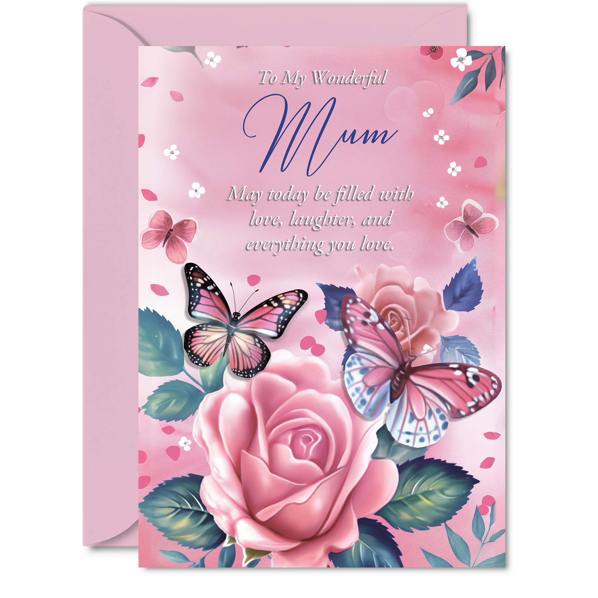 Mum Birthday Card, Pink Rose Butterfly