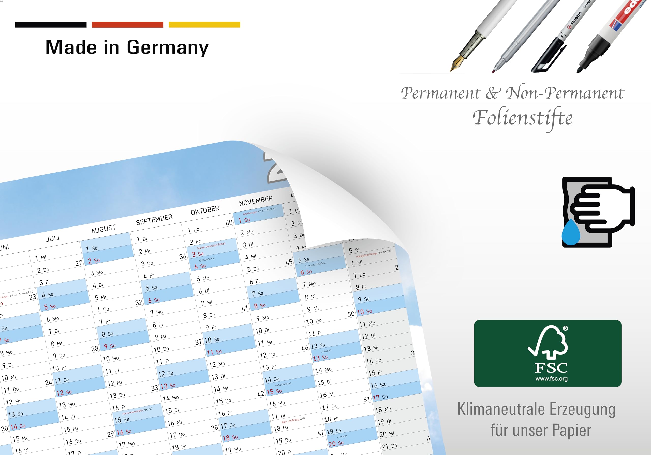 Jaarplanner 2026, DIN A1, gerold, wandkalender, 84 x 59 cm, knikvrij, Duitse feestdagen, kalenderweken, premium jaaroverzicht