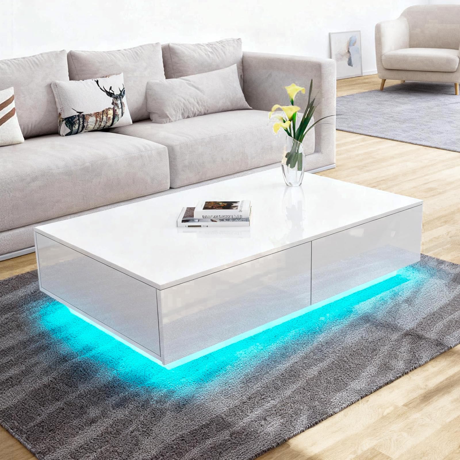 Sponsored Ad – LED Coffee Table for Living Room, Modern Side Table Wooden Centre Table, White High Gloss Coffee Tea Tables with 4 Drawers Storage for Home Office Furniture