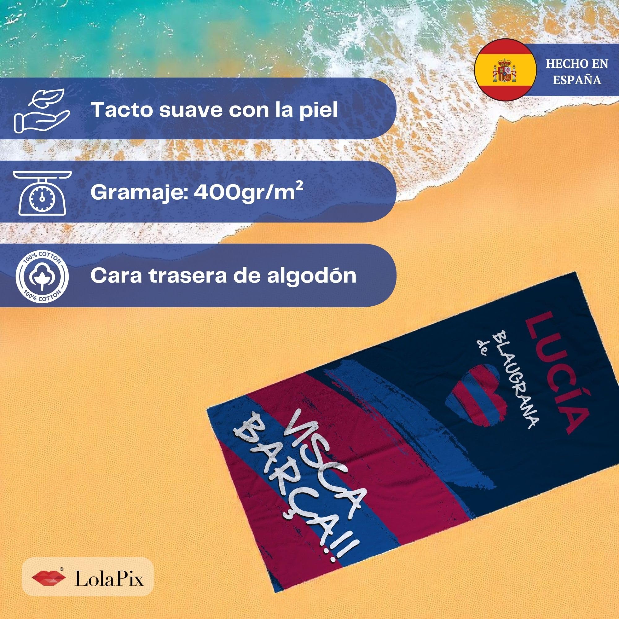 LolaPix Toalla Barcelona. Toallas Personalizadas. Toallas de Futbol con Nombre. Toalla Personalizada Playa. Regalos Personalizados con Nombre. Varios diseños y tamaños.