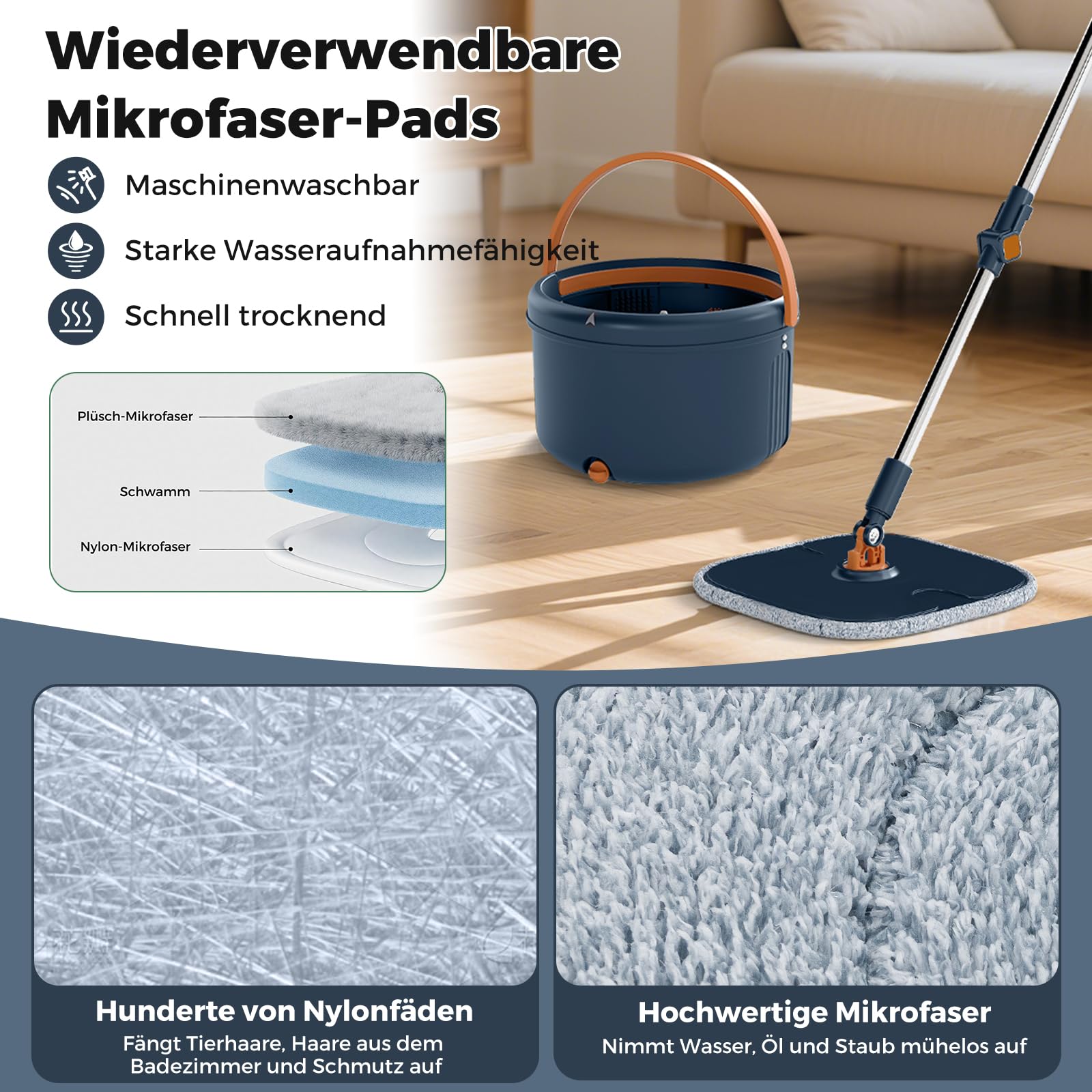 COSTWAY mop do mycia podłóg i system koszyka 4L, płaski mop do podłóg z wyżłaczaniem, obrotowa głowica 360°, system separacji i 2 mikrofibrowe ręczniki, system czyszczenia podłóg do stosowania na
