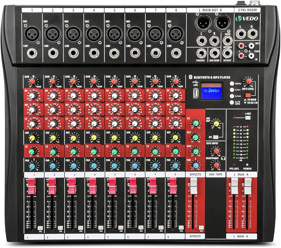 VDA208L Console de mistura,8 Canais Mixer Profissional para Shows ao Vivo, Karaokê - USB/Bluetooth, Efeito de Reverb, Saída de Monitoração, Controle de Som Estúdio e Palco