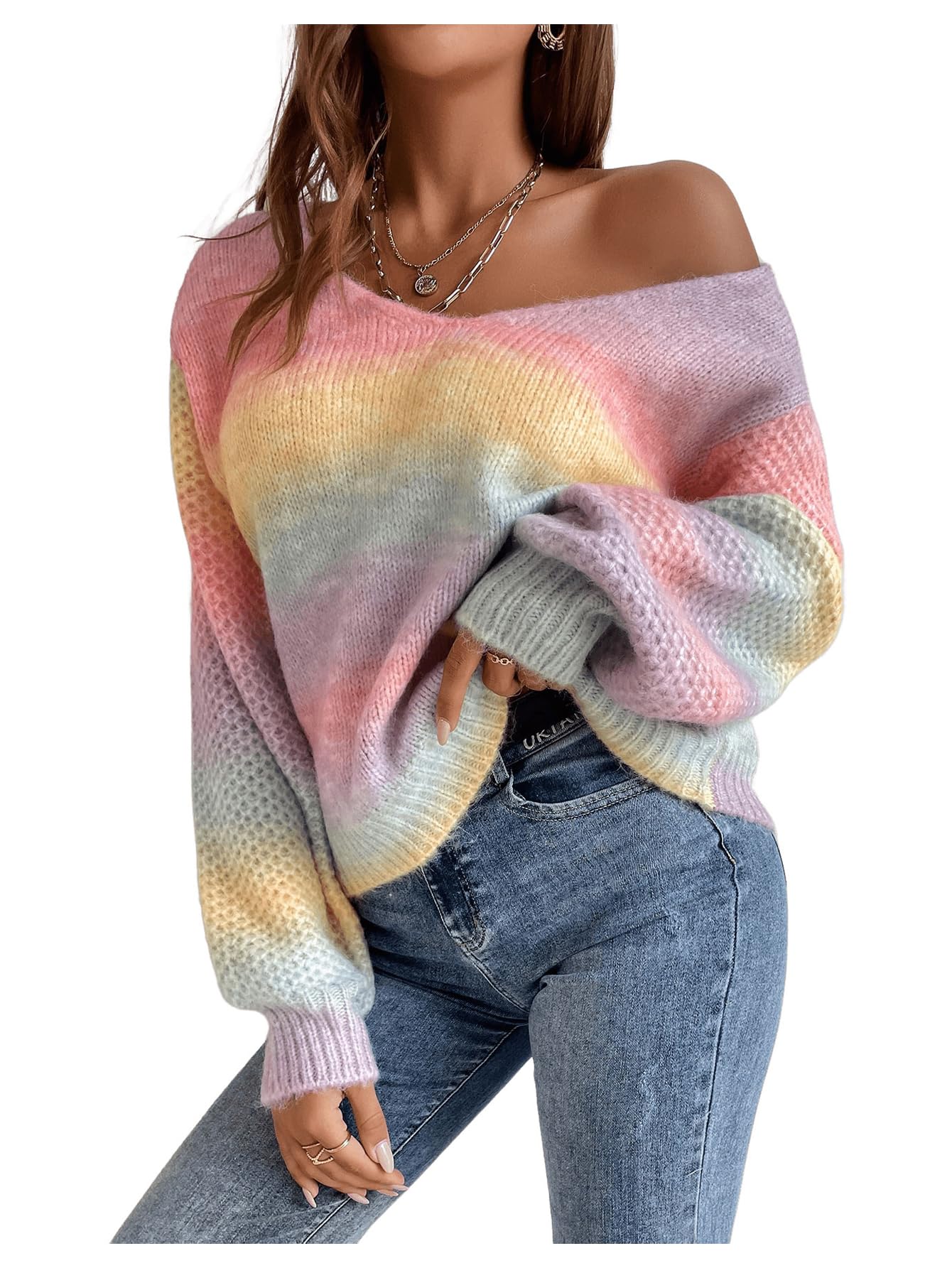 GORGLITTER Womens Oversized Rainbow Colorful Sweater Cute Chunky Long Sleeve Fall Striped Knit Tops 2025
