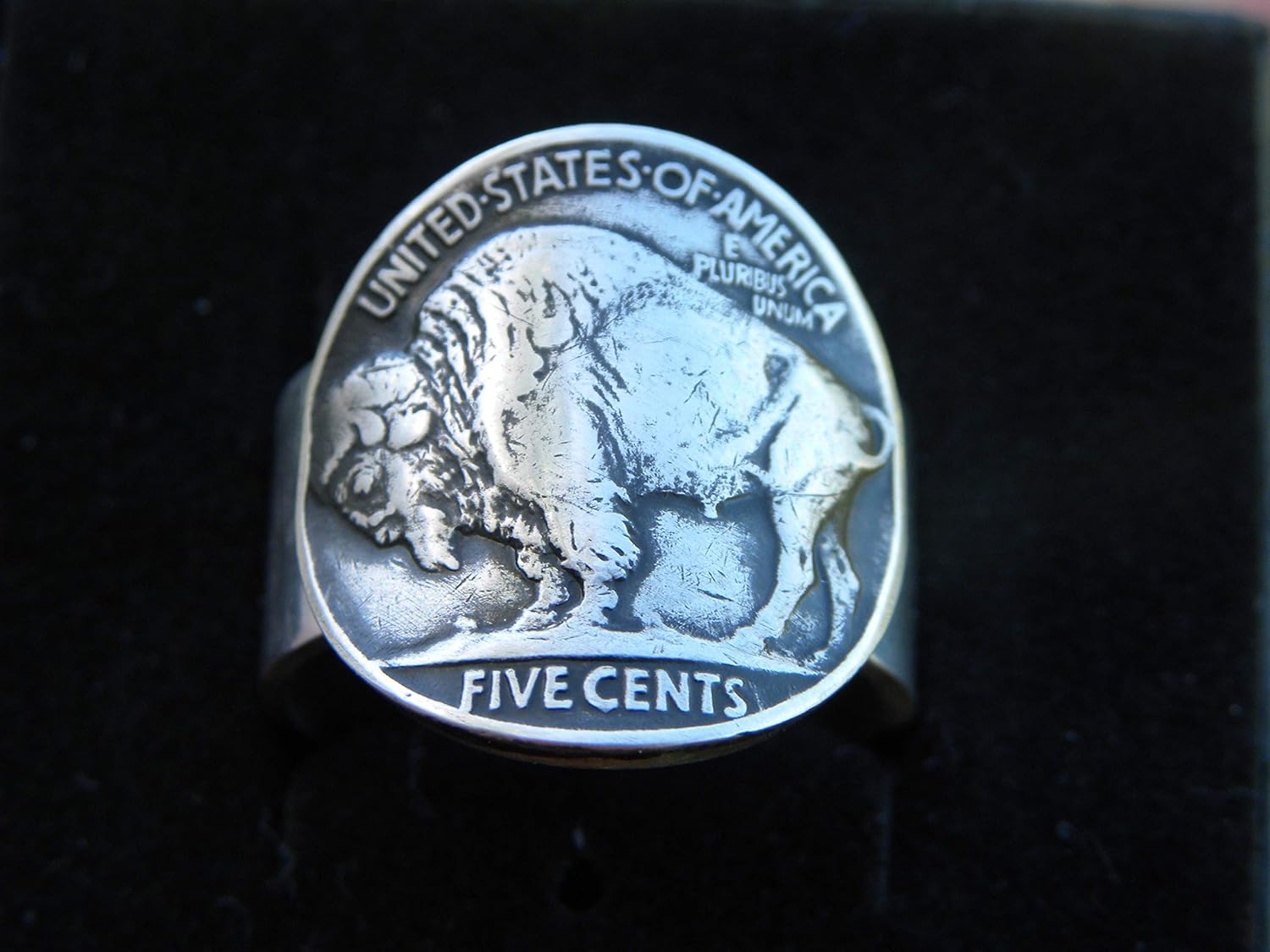Signet ring sterling silver authentic Buffalo Indian Nickel coin Bison showing nice for Bison fans or biker