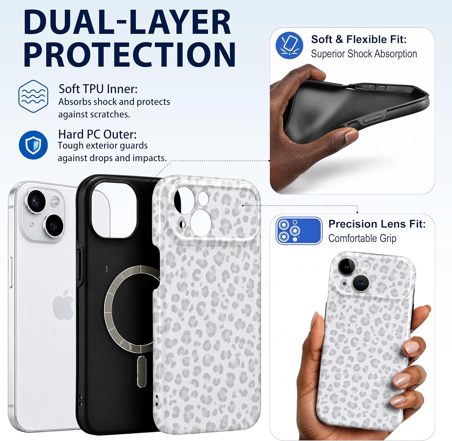 Magnetic for iPhone 15 Phone Case, White Cheetah Print Shockproof image 2