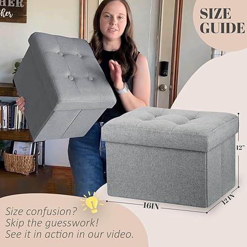 Miniatura 132 de LINMAGCO Taburete otomano plegable con bolsillo lateral, moderno, corto, sofá, tela de lino, 17 x 13 x 13 x 13 (color azul niebla) azul (Fog