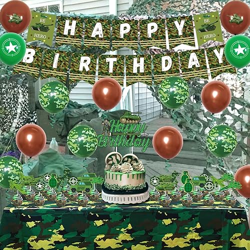 Miniatura 4 de Decoraciones de fiesta de cumpleaños de camuflaje para niños, niñas y adultos, pancarta de camuflaje de feliz cumpleaños, mantel, globos de látex y