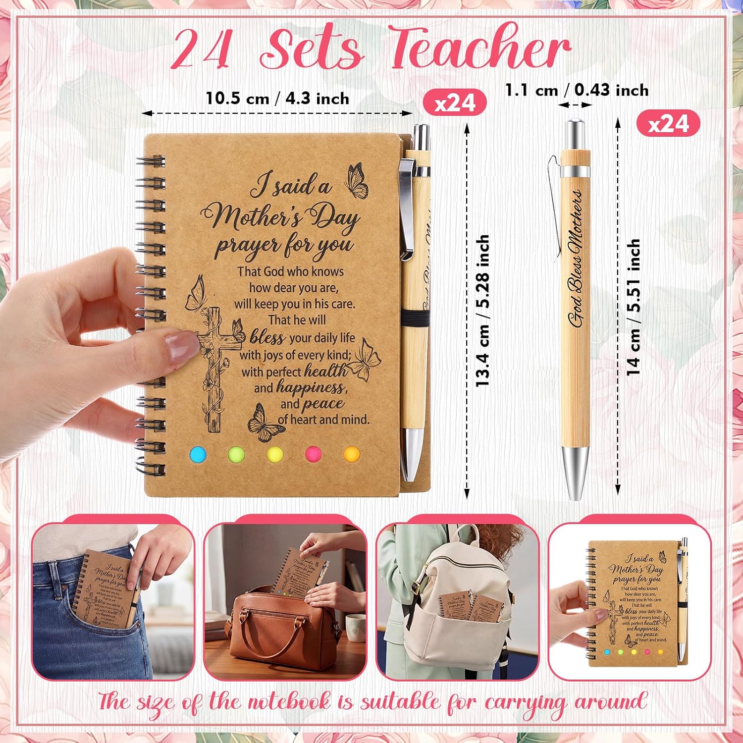 48 Pcs/24 Set Mother's Day Church Gifts Bulk Include Christian Spiral Notebooks and Bible Ballpoint Pen Mothers Day Christian Gifts for Mom Women Church Members Families