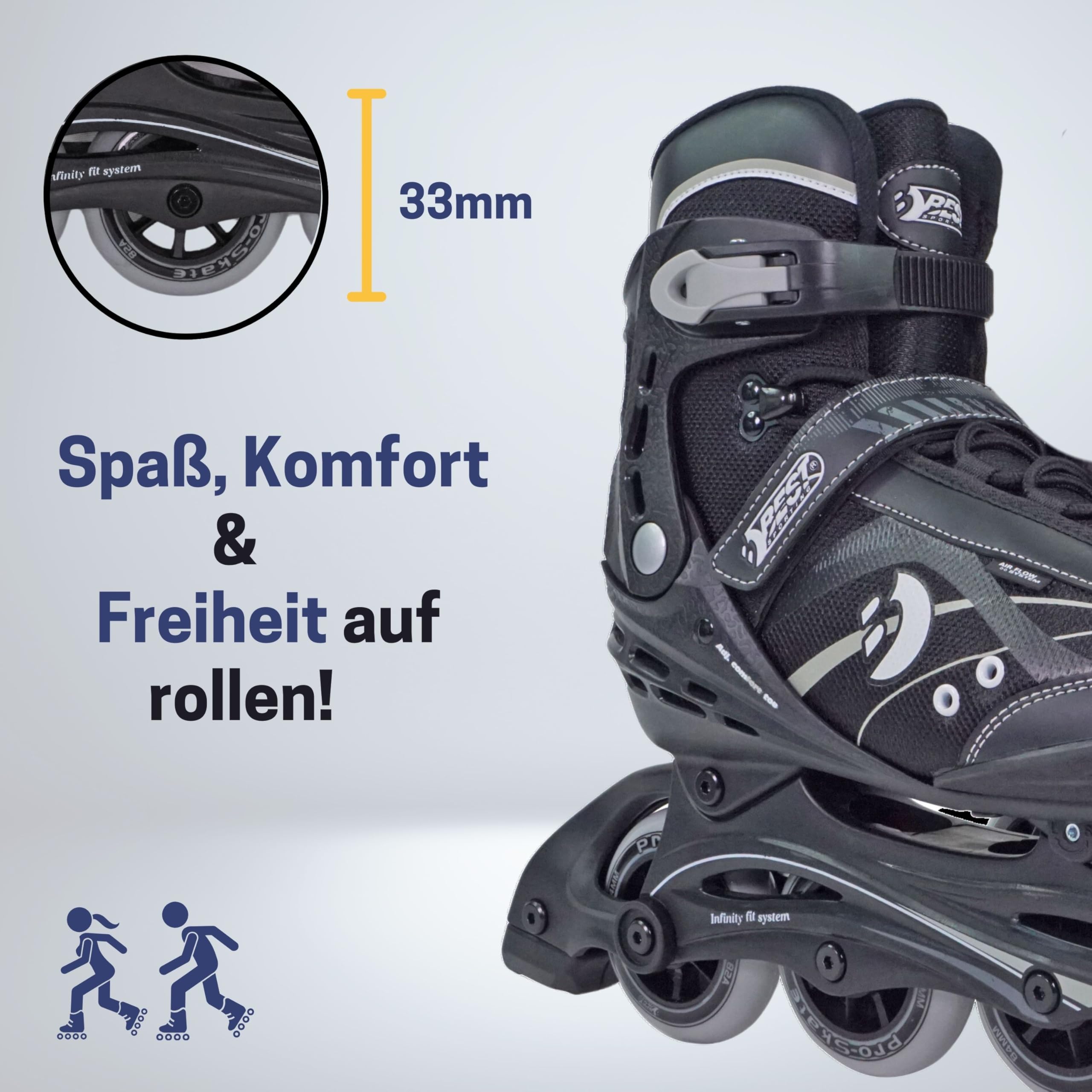 Best Sporting Inline Skates Erwachsene & Jugendliche I Rollschuhe Erwachsene I Breitenverstellung bis 6 mm I robuste Inliner mit Bremse I schwarz I Rollerskates Schuhe I Inliner mit 4 Rollen