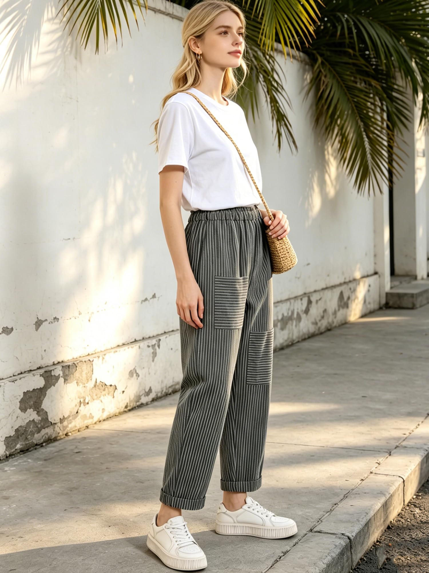 FTCayanz Damen Leinen Gestreift Haremshose Lange Hose
