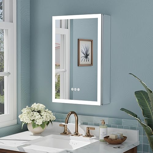 Miniatura 11 de Botiquín de 24 x 32 pulgadas con luces, marco de aleación de aluminio, enchufable o cableado, empotrado o montaje en pared, puertas de espejo/3