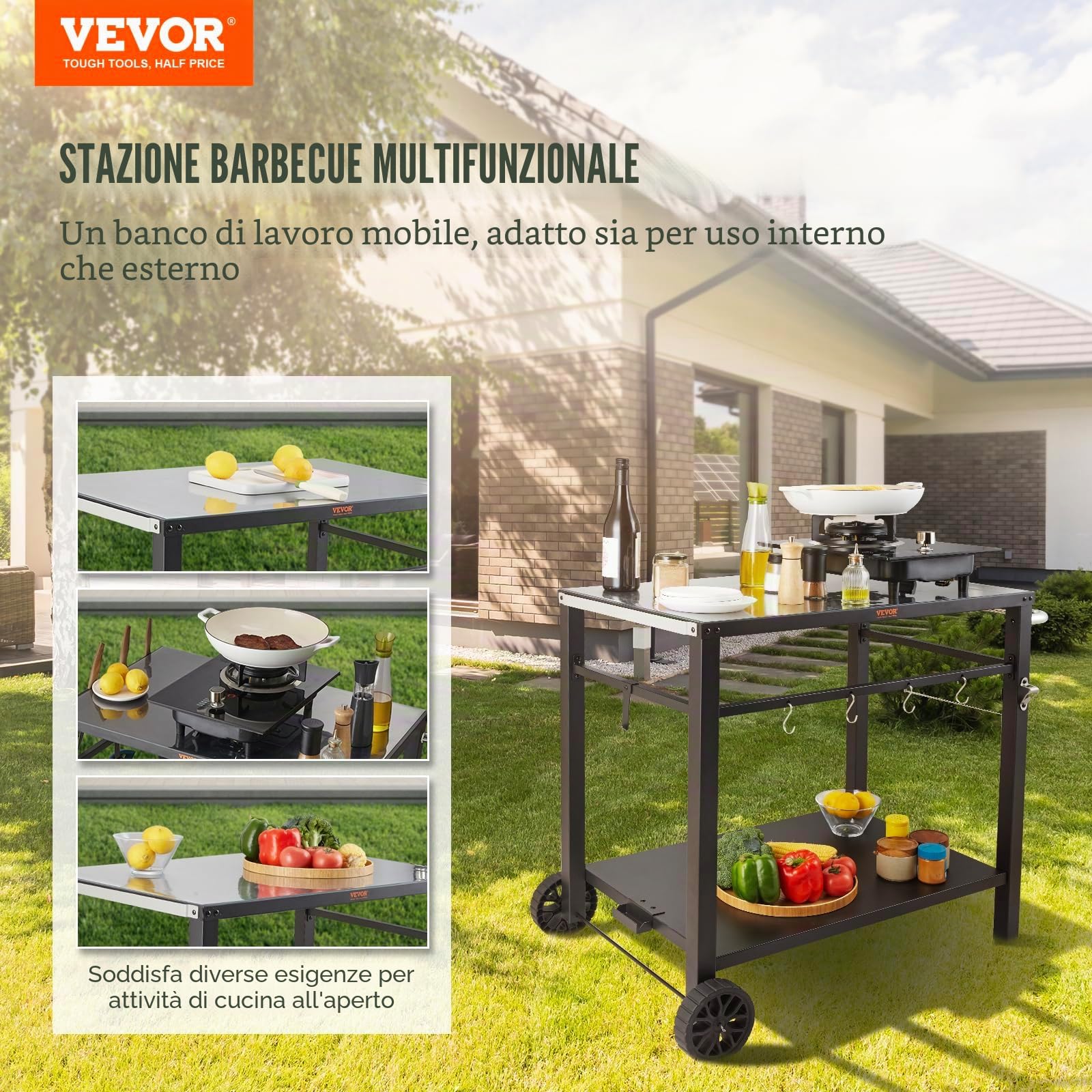 VEVOR Carrello da Pranzo per BBQ da Esterno con Doppio Ripiano, Tavolo Mobile Preparazione degli Alimenti per Barbecue, Piano Multifunzionale in Ferro Pieghevole, Carrelli da Esterno 1000x640x835mm