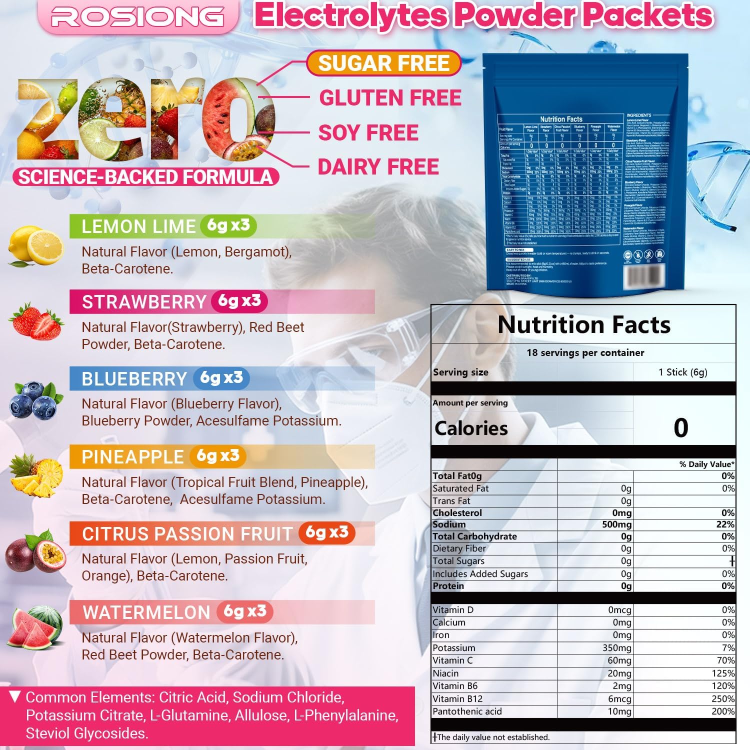 Electrolytes Powder Packets - ROSIONG Sugar Free Hydration Drink Mix Packets - Zero Calories - Electrolyte Powder for Sports & Travel & Dehydration - 6 Fruit Flavors Variety Pack (18 Sticks) - Image 2