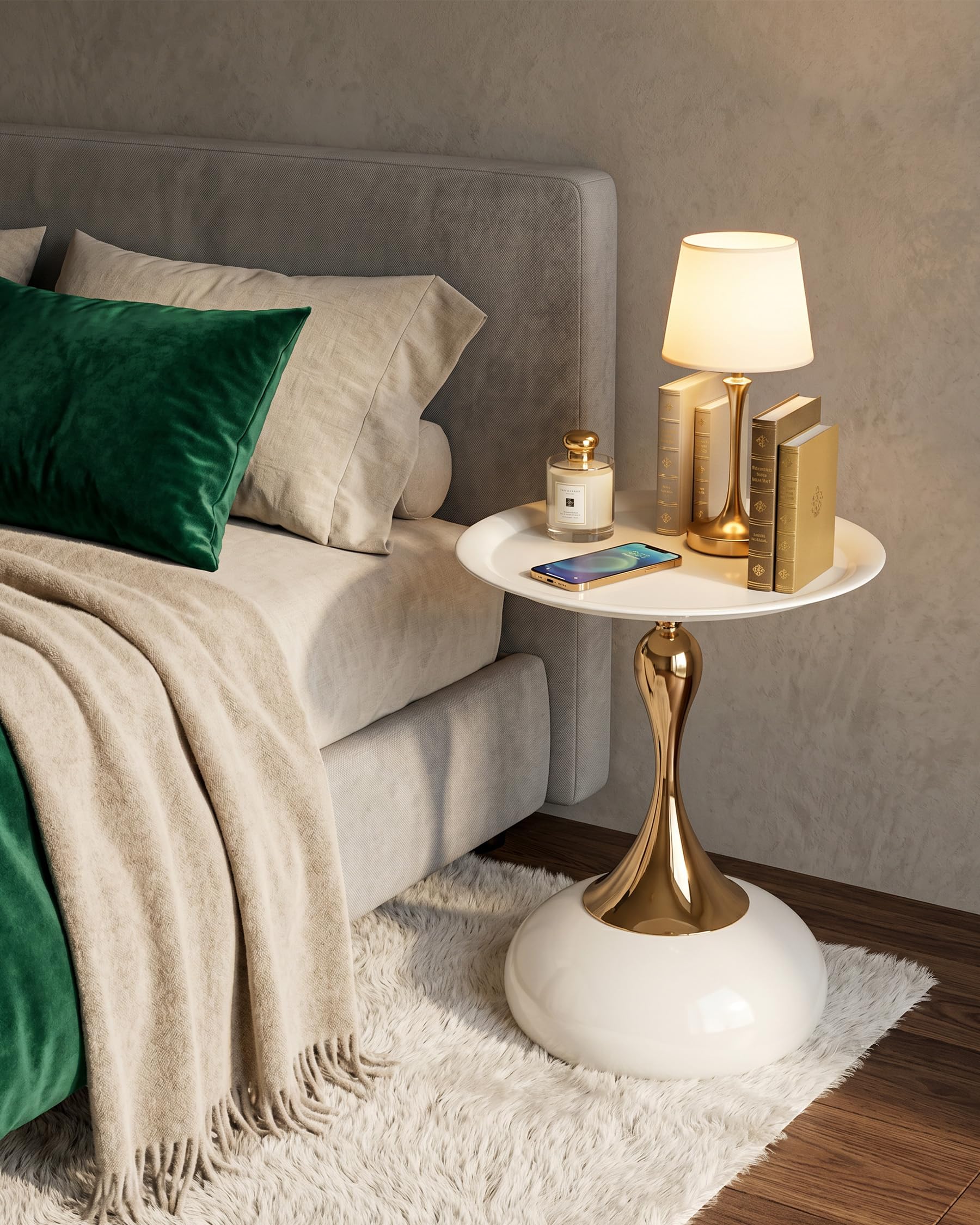 Mesa Auxiliar Sofa Beige y Dorada para Salón, Mesita de Centro de Diseño en Metal, Set de 2 Mesita Auxiliar Pequeños para Sofá o Dormitorio, Side Table de Jardín Exterior, 40x53cm