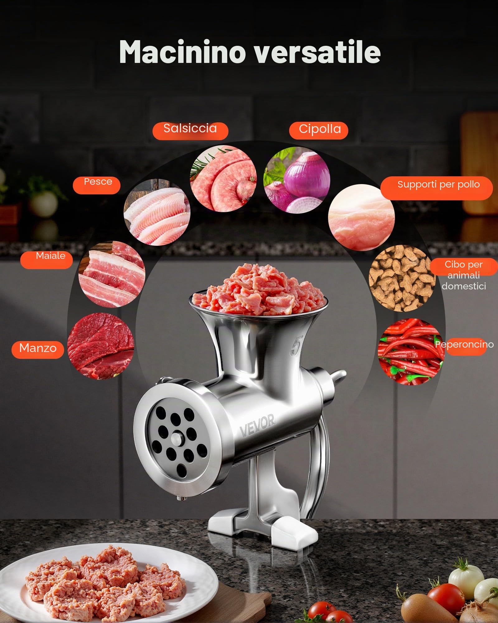 VEVOR Tritacarne Manuale, Tritacarne in Acciaio Inox 304 con Manovella e Morsetto da Tavolo in Acciaio, Insaccatrice con 2 Piastre di Taglio e 4 Tubi per Salsicce, per Carne di Manzo, Chili e Maiale