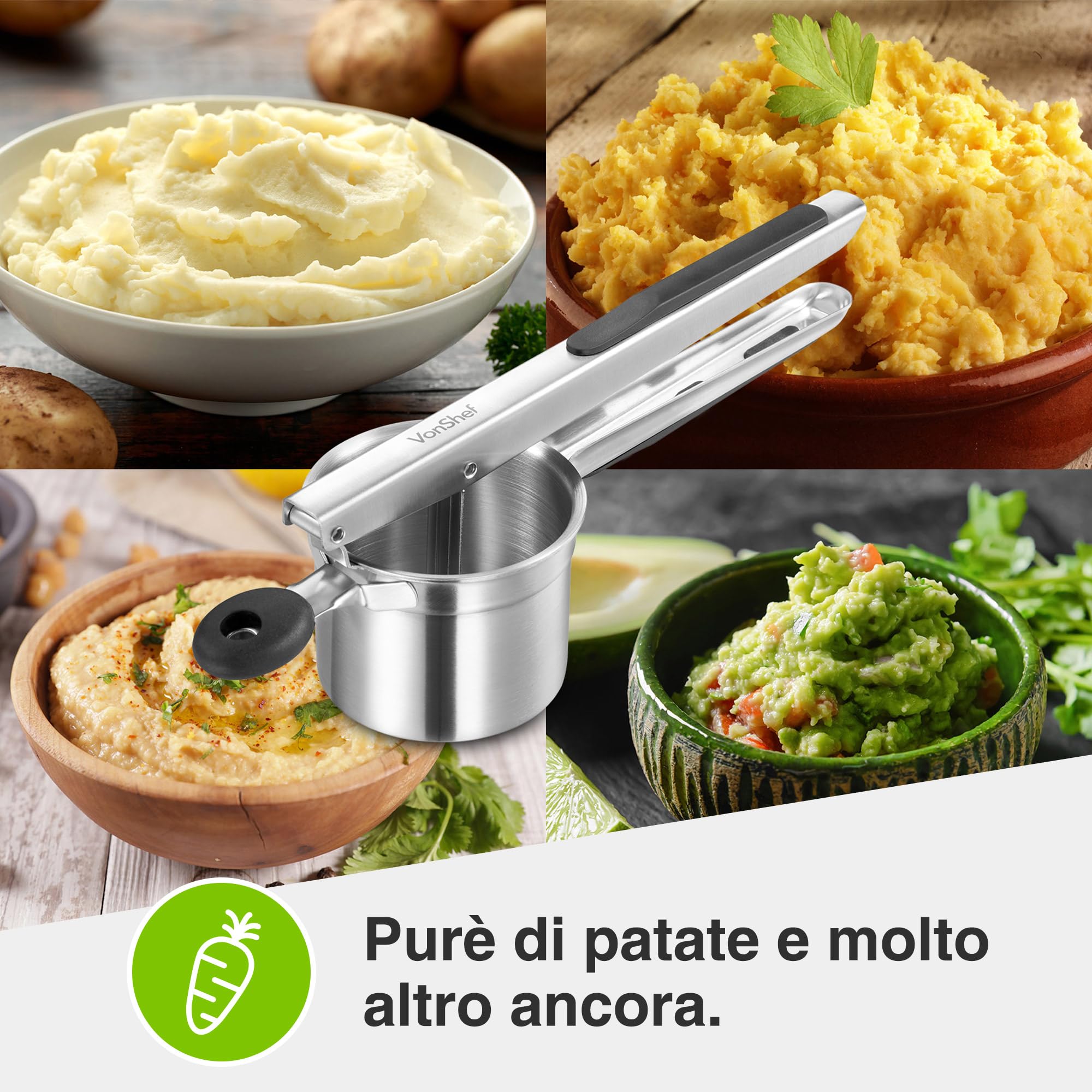 VonShef Schiacciapatate Acciaio Inox per Uso Alimentare con Manico in Silicone, Schiaccia Patate, Frutta e Verdura Lavabile in Lavastoviglie