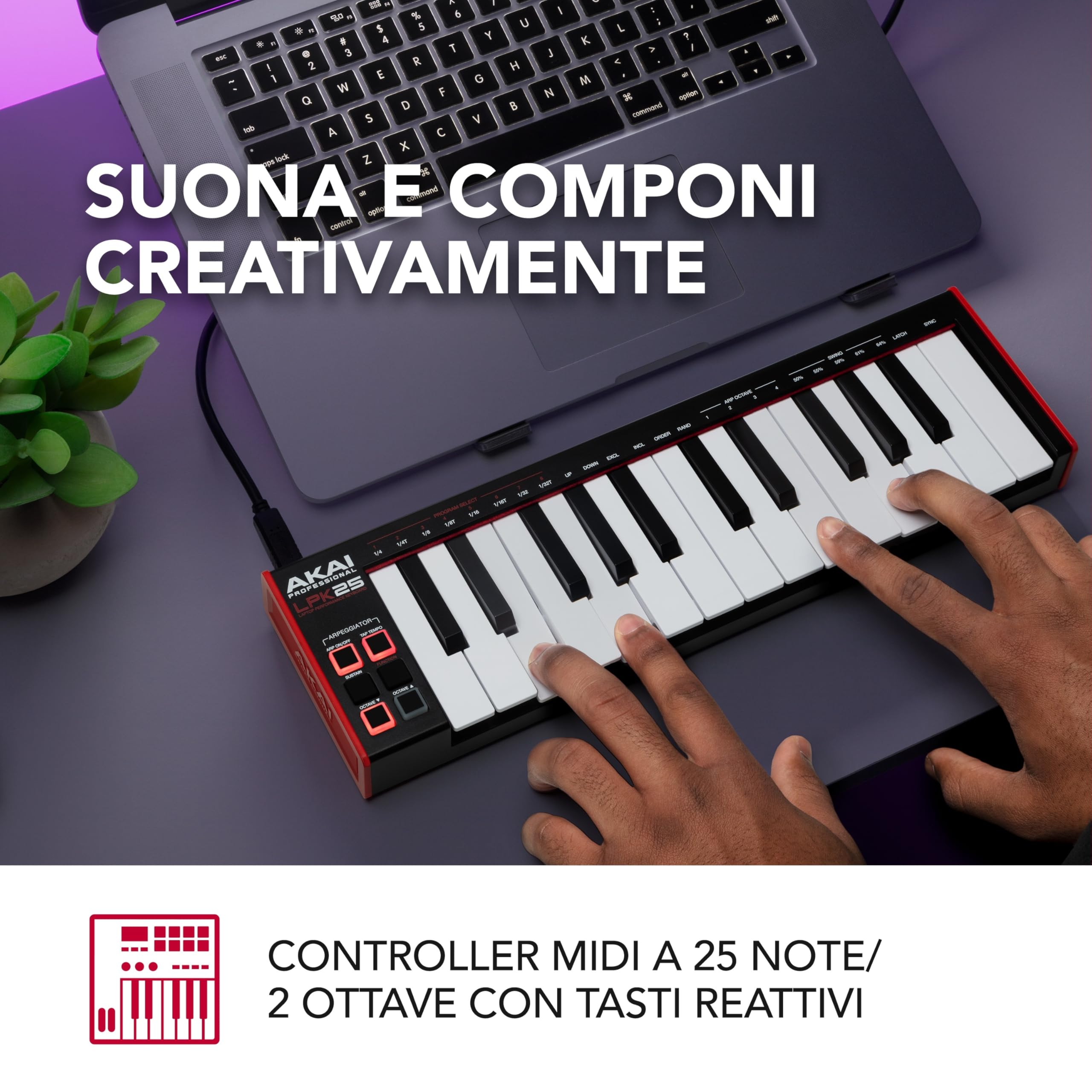 Akai Professional LPK25 - Controller Tastiera MIDI USB con 25 Tasti Synth Reattivi per Mac e PC, Arpeggiatore e Software Musicale
