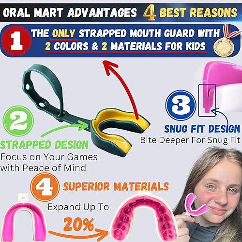Miniatura 2 de Oral Mart Protector bucal con correa para fútbol, lacrosse, hockey sobre hielo, taekwondo (bandera de Estados Unidos y colmillos y 12 mejores