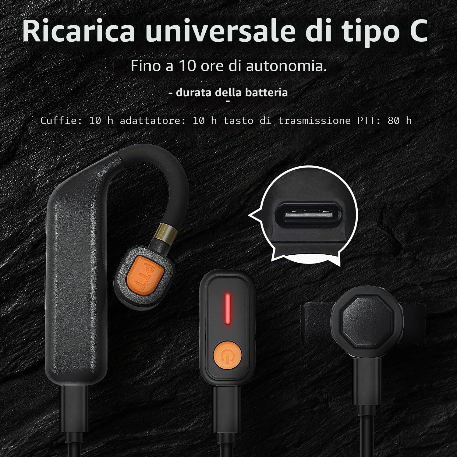 Auricolare wireless per walkie talkie con adattatore Bluetooth e Finger PTT, cancellazione del rumore, auricolare radio bidirezionale con gancio girevole a 180°, batteria 10H, ricarica di tipo C per