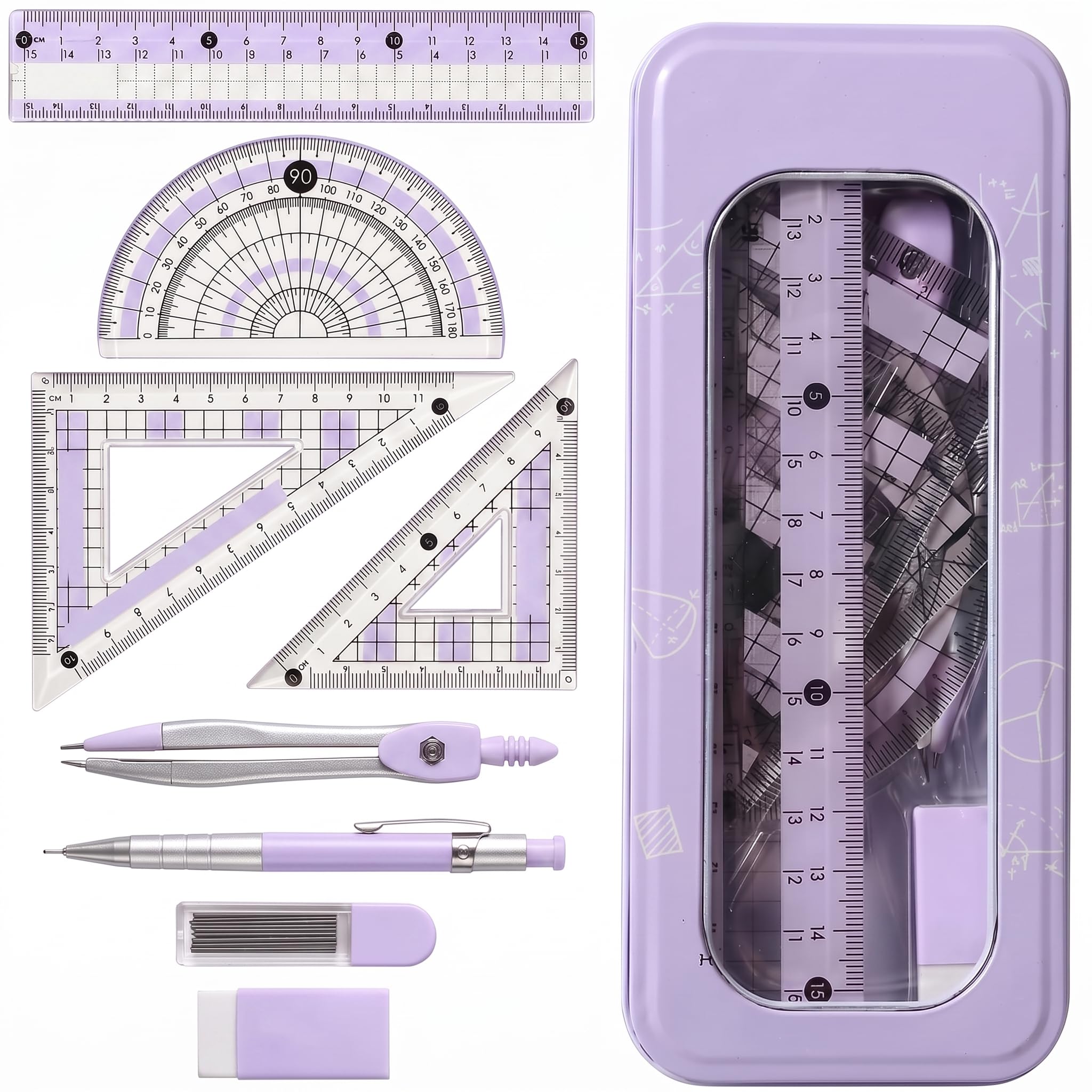 Protractor and Compass Set,Geometry Sets,Maths Stationary Kit for Secondary School,High School Essentials Stationery,Math Drawing Equipment Box Supplies,Purple Compasses Setgeometry Ruler for Girls
